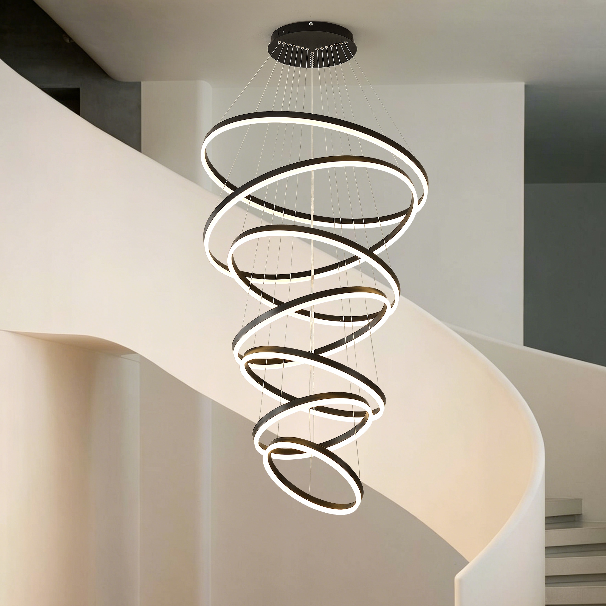 Zitrend 32-in Matte Black LED Chandelier 7-Ring Cascading Acrylic Modern Light Fixture with Remote Control for Dining Room Living Room Foyer and Staircase