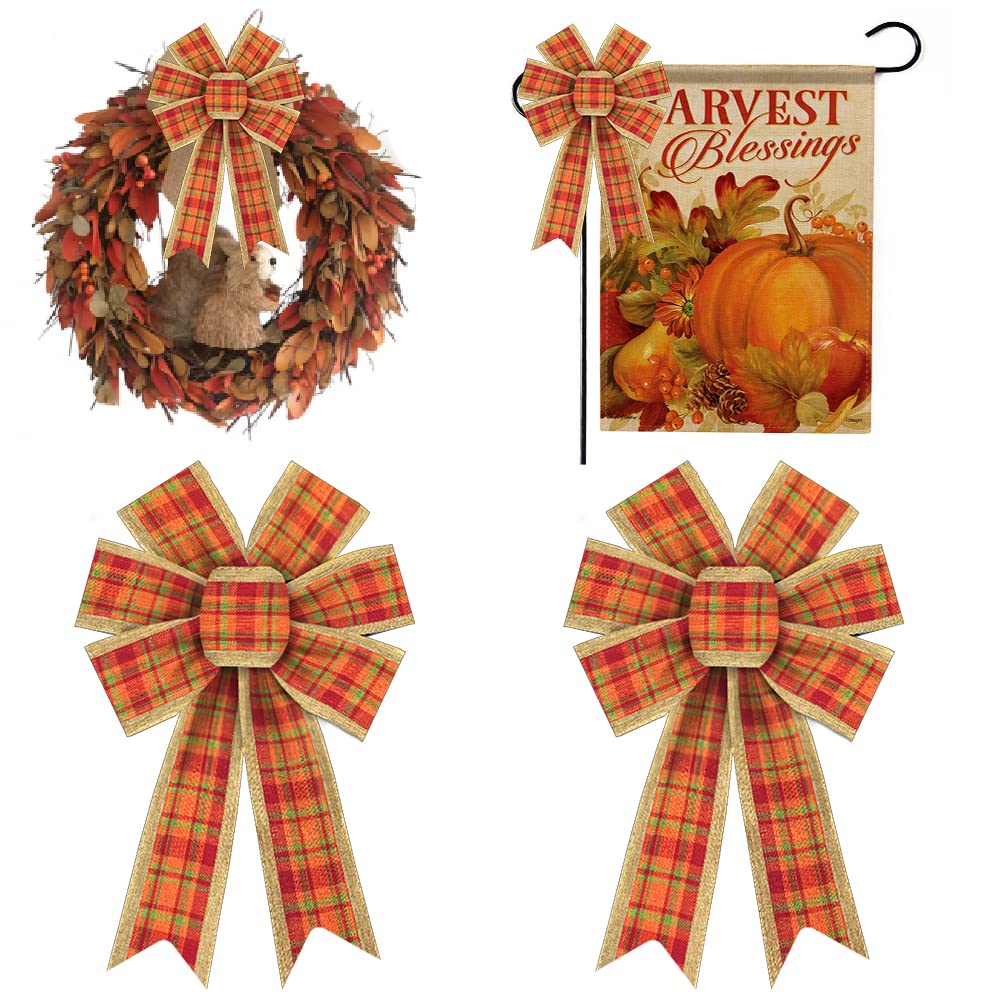 KIWDZFU Fall Bows for Wreath Set of Two Red Orange Buffalo Plaid and Burlap Decorative Bows for Autumn Thanksgiving Front Door Decoration #LKI0817A1805