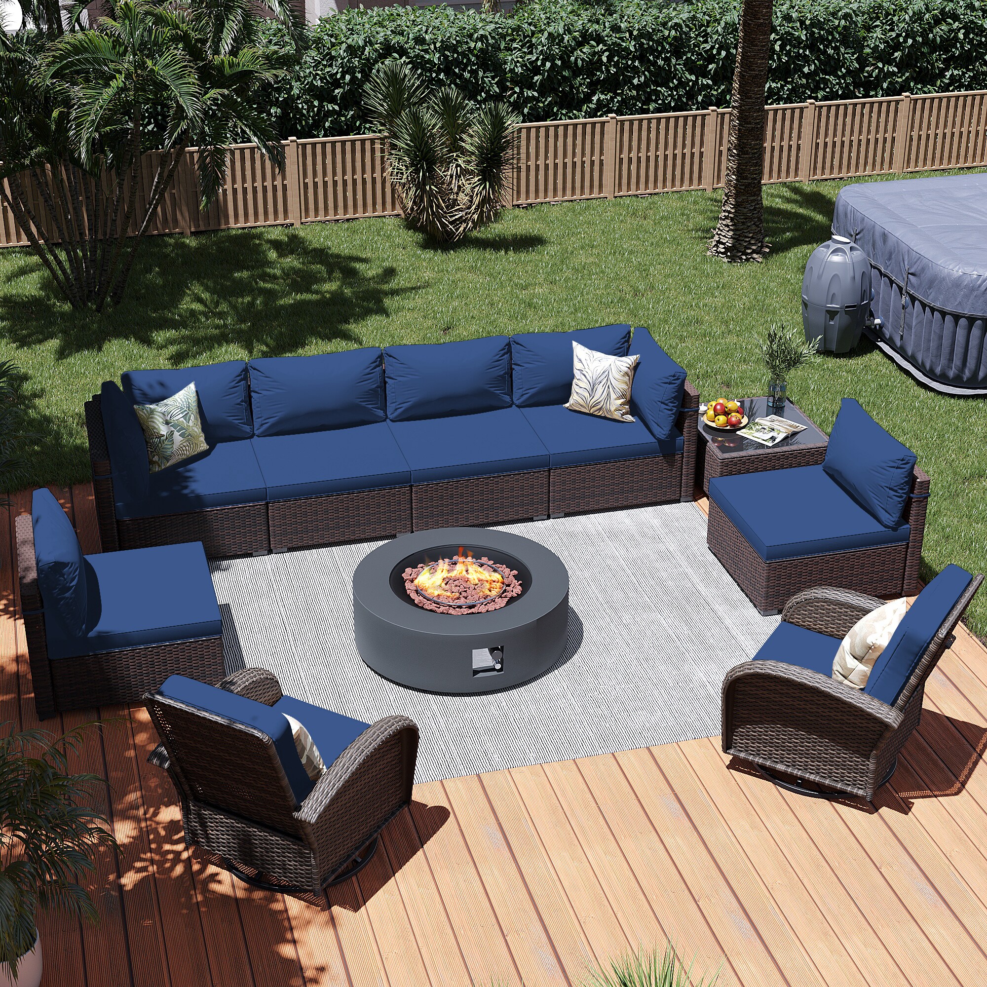 Patio Watcher LS-RT7Y11-42MDK-B2 10 -Piece Rattan Patio Conversation Set with Blue Cushions