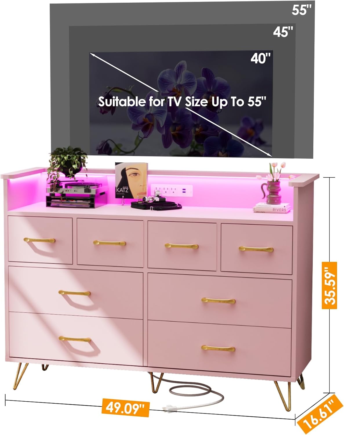 WhizMax LDYLSPHO-339WG8S3 Tall 8 Drawer Wooden Dresser With Charging Station And Music Sync Rgb Led Lights Modern Closet Organizer App Controlled Voice Command Scratch Resistant Finish Stylish Metal Handles Pink