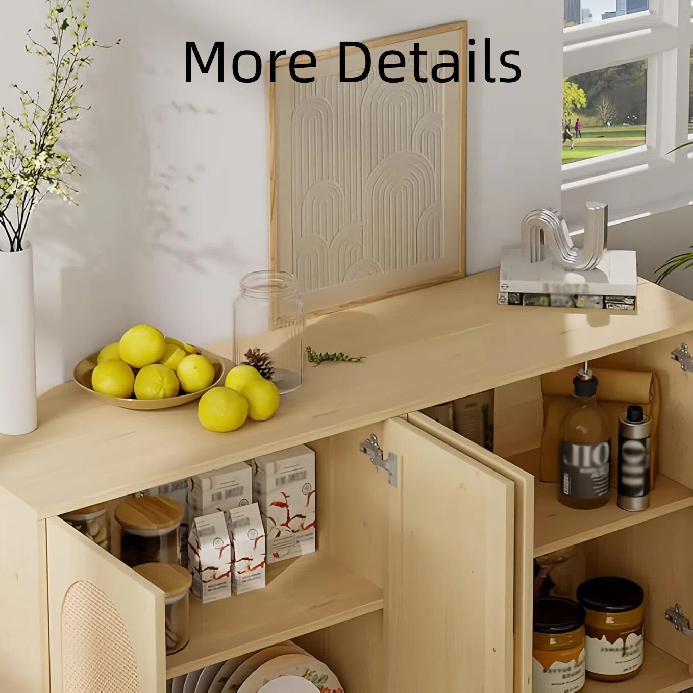 GlasFlength Sideboard Cabinet with Rattan Doors 4 Door Credenza Buffet ...