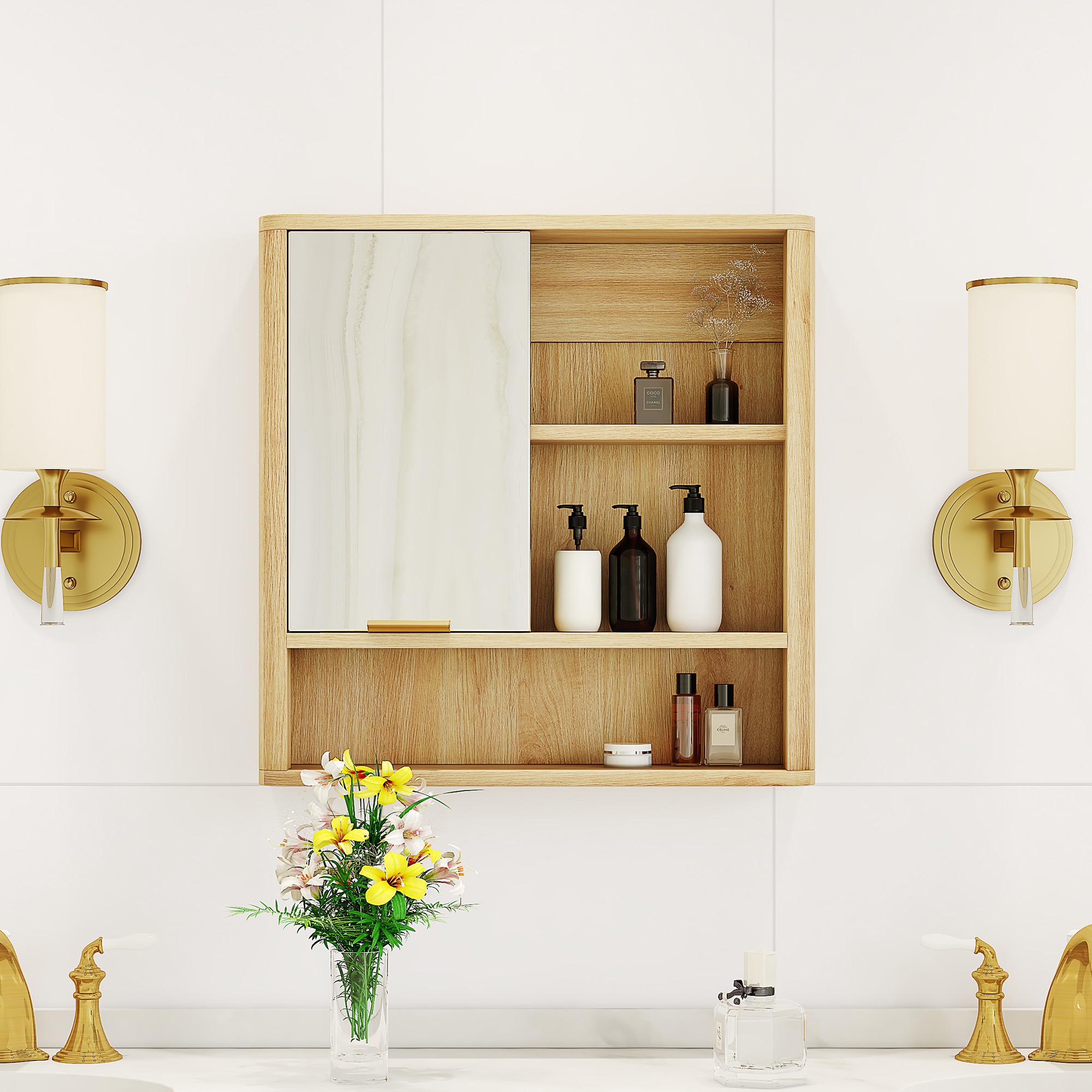 Wooakway 21.5x22 Inch Wall Mounted Bathroom Mirror Cabinet Open Storage ...