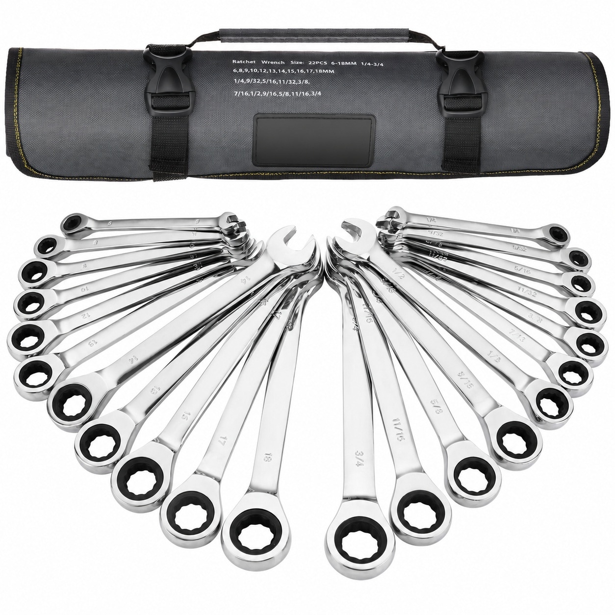 Linder Group Inc 22 Piece Ratcheting Combination Wrench Set SAE and Metric 72 Tooth Chrome Vanadium Steel Tools with Roll Up Organizer Pouch for Automotive Repair