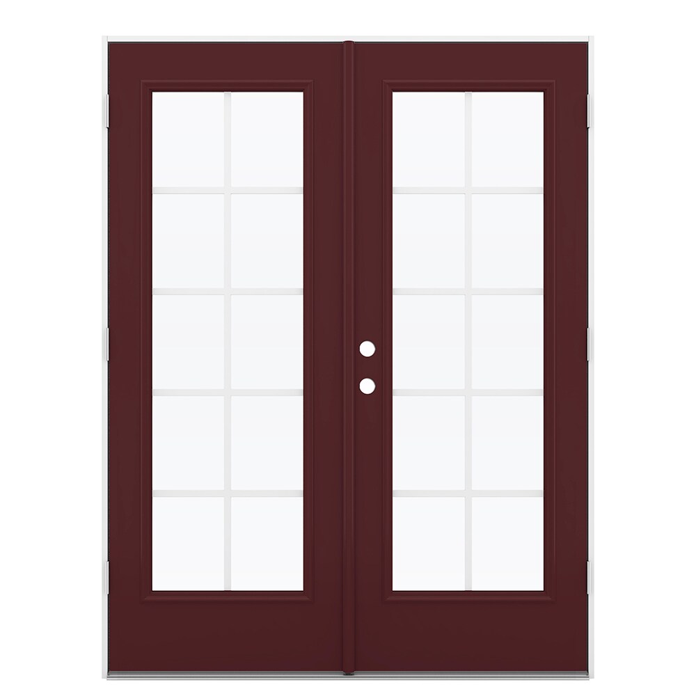 JELD-WEN French 60-in x 80-in x 4-9/16-in Jamb Low-e Grilles Between The Glass Currant Steel French Left-Hand Outswing Double Patio Door in Red -  LOWOLJW192600171