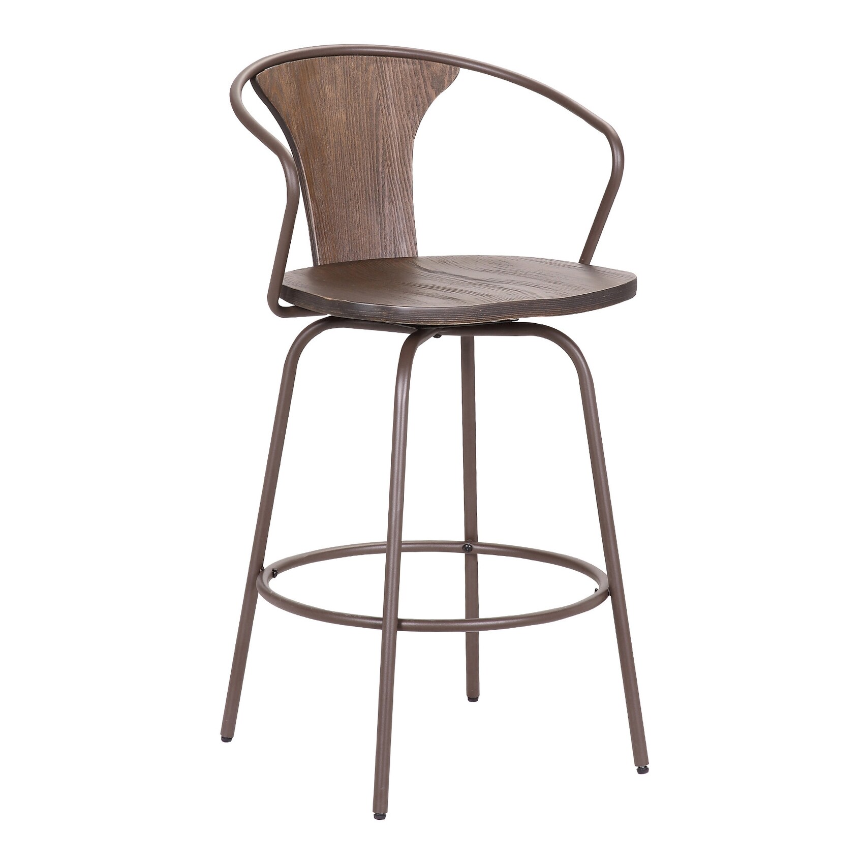 HomeRoots 4000477097 Walnut 29.0-Inches H Bar height Round seat Swivel Metal Bar Stool with Arms and Back