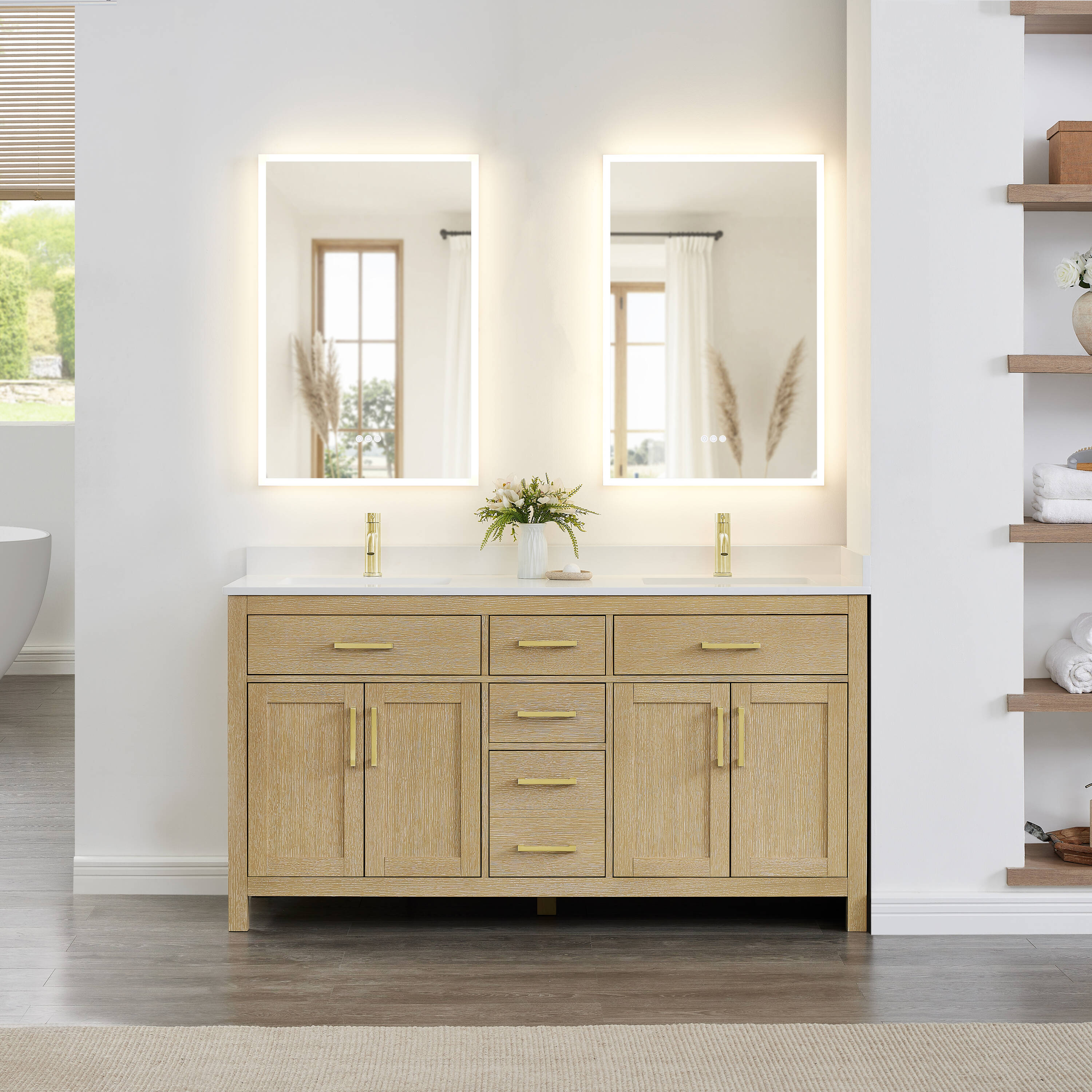 Wyndham Collection Beckett 66-in Whitewashed Oak with Brushed Gold Trim Undermount Double Sink Bathroom Vanity with White Cultured Marble Cultured Marble Top