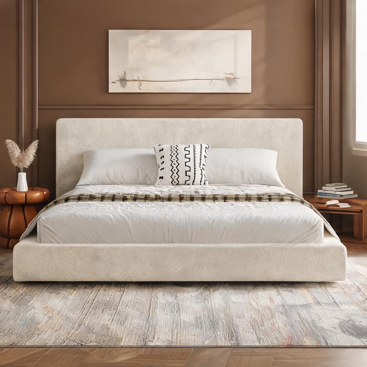 chillscreamni King upholstered bed with sliding side shelf and plush sherpa upholstery in crisp white