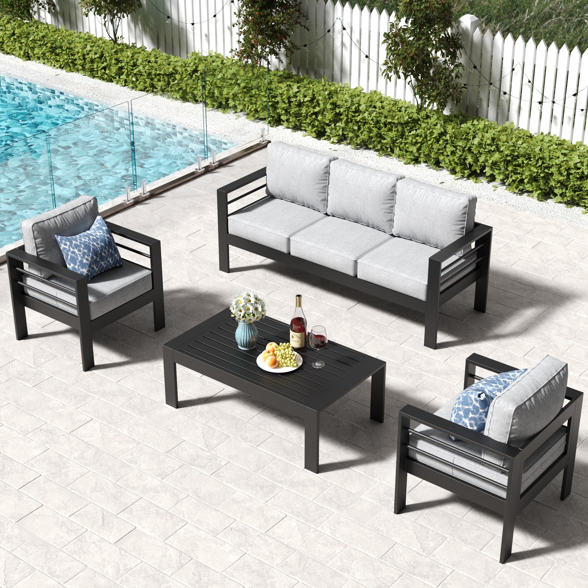 LayinSun WL5001-HE-3001 4 -Piece Outdoor Aluminum Patio Conversation Set with Light Gray Cushions