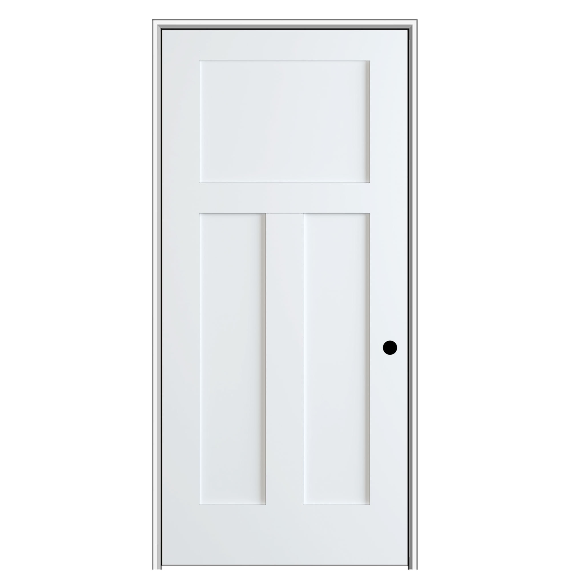 MMI DOOR Z03745791L 30-in x 80-in Primed Solid core 3-panel craftsman Left hand Smooth Primed MDF Flat Jamb Single Prehung Interior Door