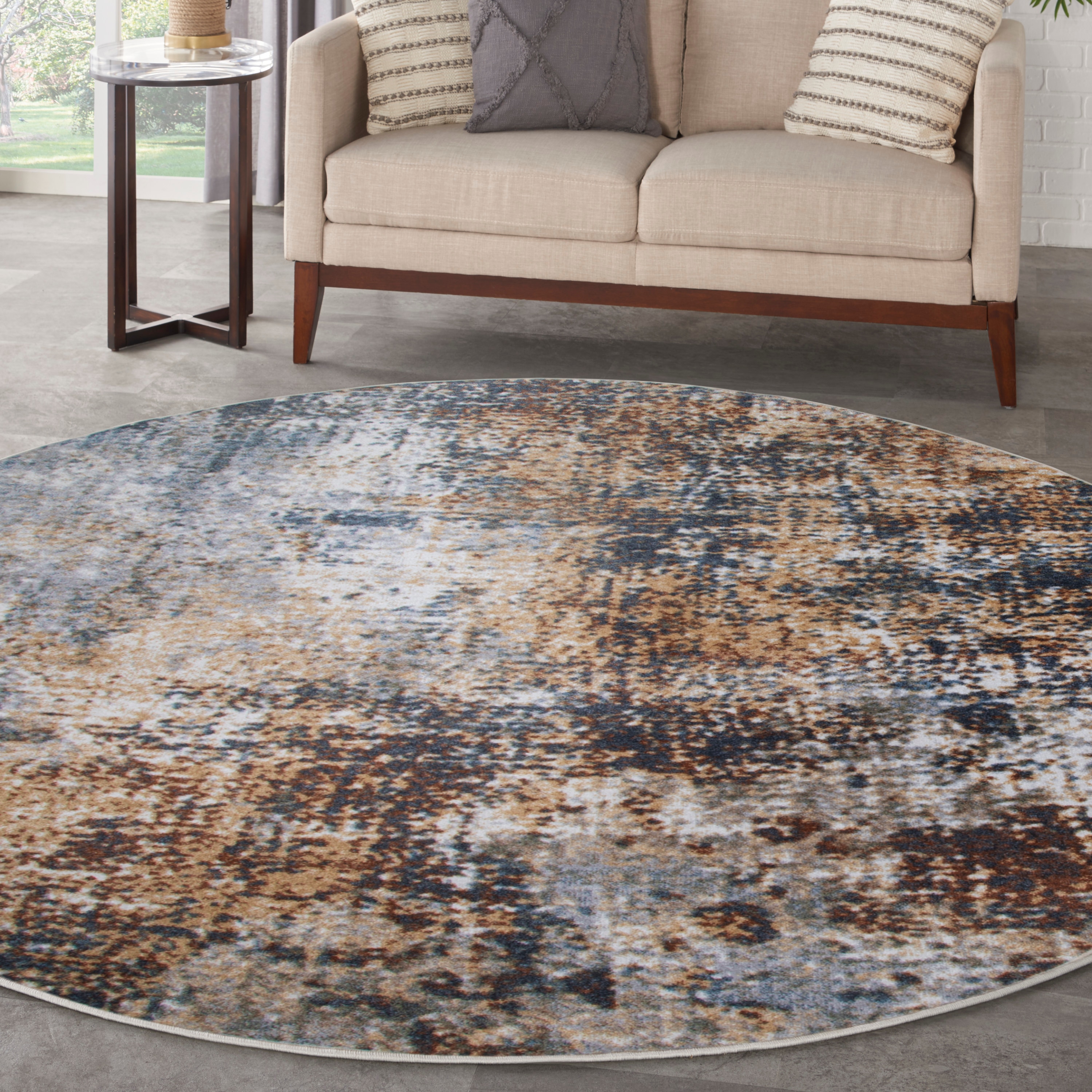 Nourison Home 099446932938 Astra Machine Washable 5 x 5 (ft) Loomed Polyester Multicolor Round Indoor Abstract Mid-Century Modern Machine washable Area rug