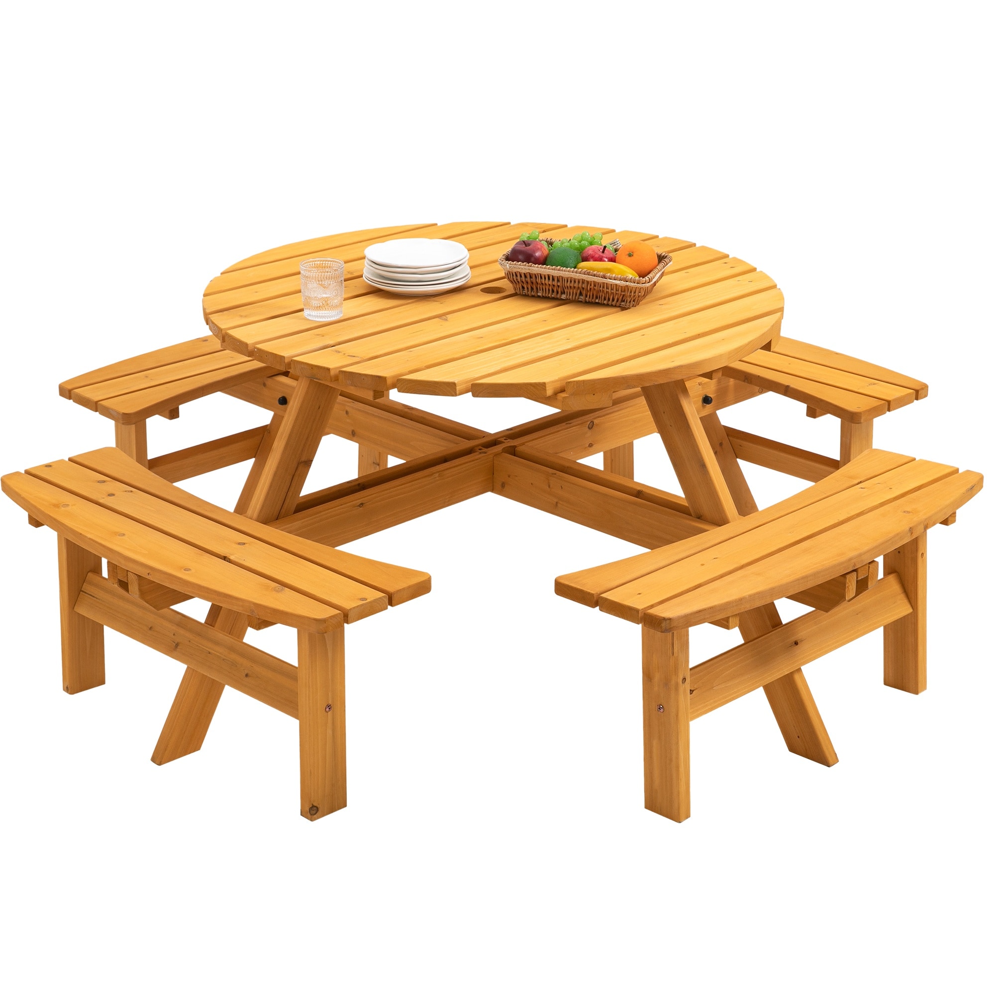 HyperDrop Cart - Natural Wood 8-Person Picnic Table with 4 Built-In Benches and Heavy-Duty 2220-L...