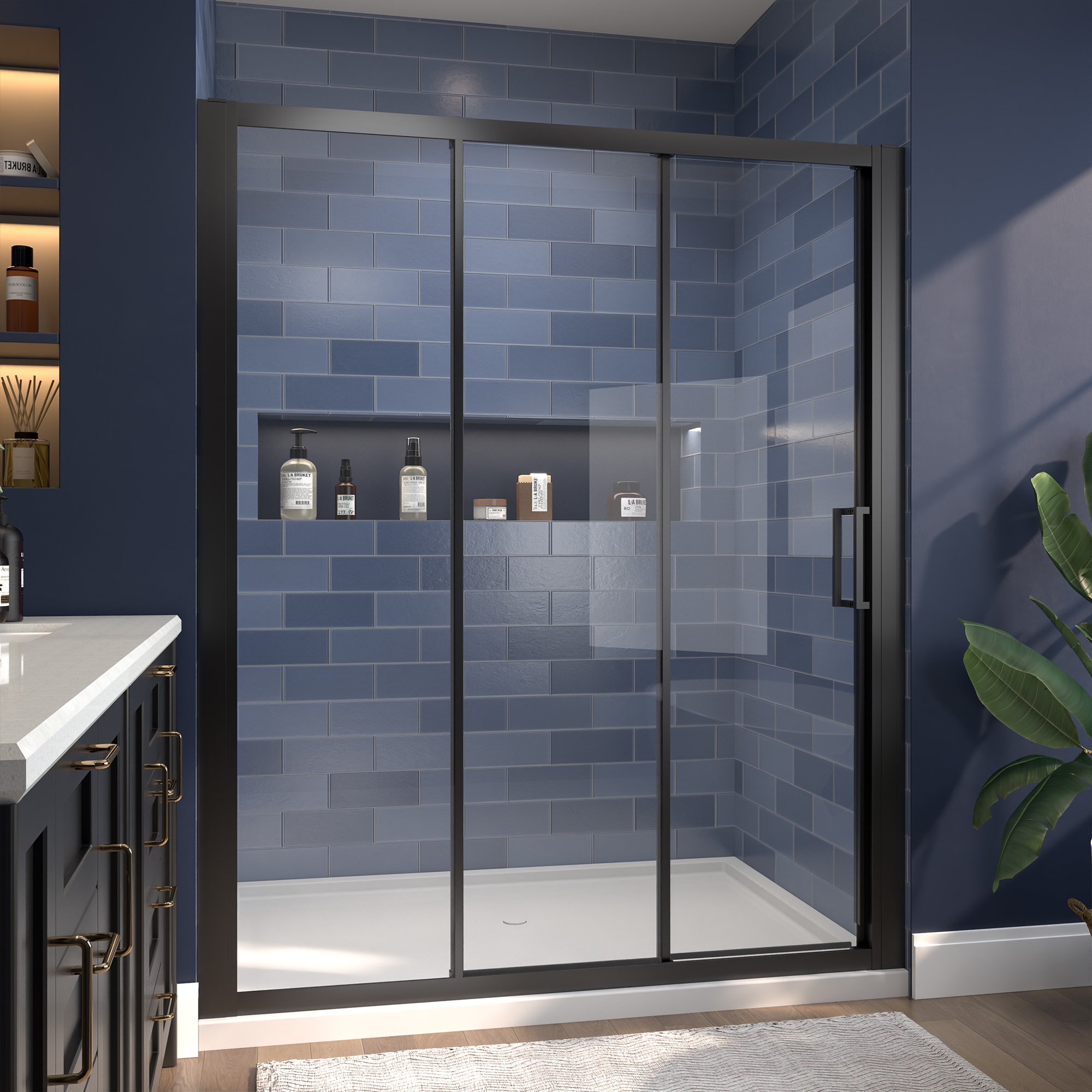 AAZJ BG-AC-6036-M AHS Sliding Tri-Fold Shower Door Matte Black 56-in to 60-in W x 70-in H Framed Clear Glass Sliding Shower door