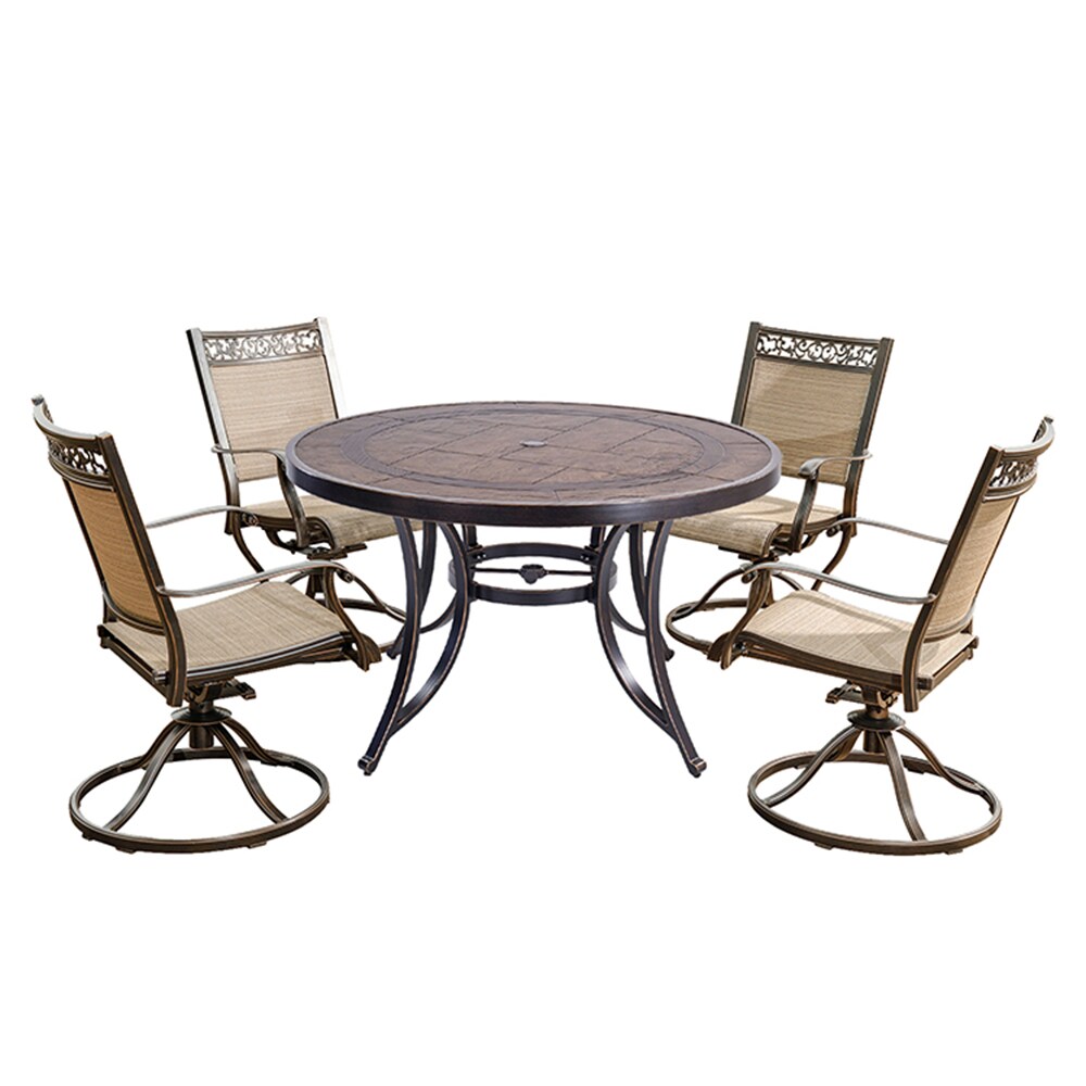 Mondawe CR-GSZA-GSZV 5-Piece Brown Patio Dining Set Aluminum Round Table with 4 Stackable Swivel Rocker Chairs