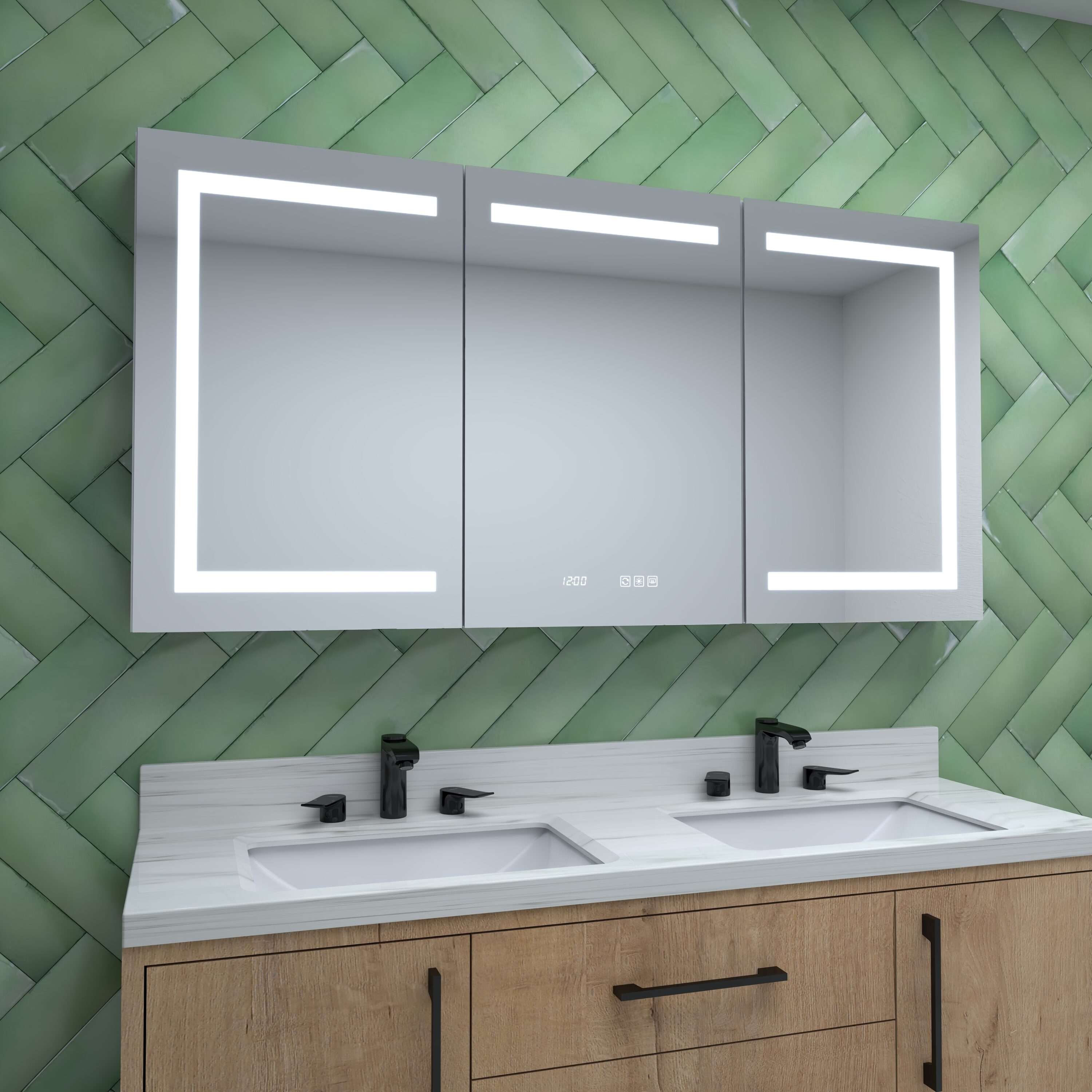 Royal Guard LMC6030-3 Clean 60-in x 30-in Lighted LED Fog Free Surface/Recessed Mount Silver Mirrored Rectangle Soft Close Medicine Cabinet with Outlet