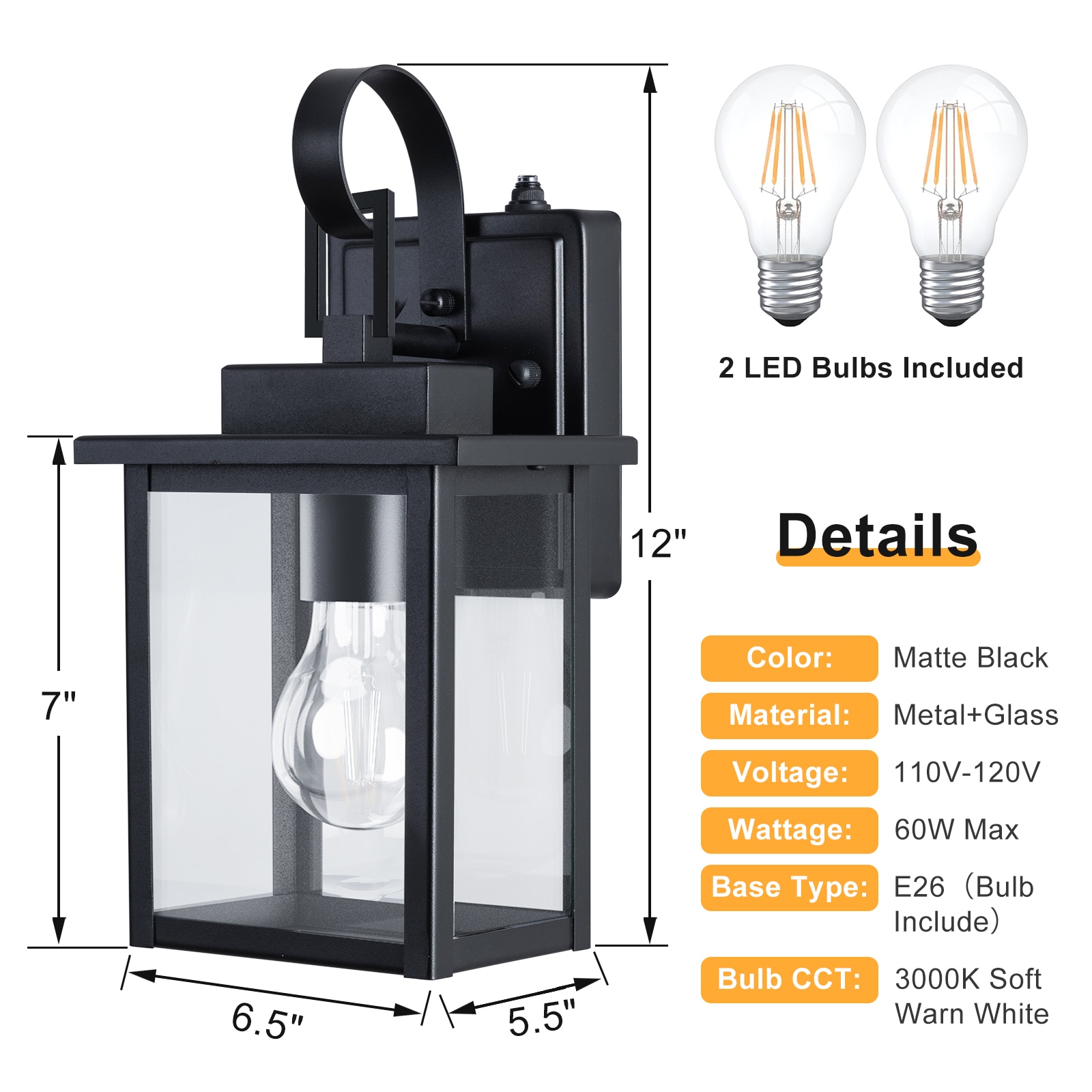 Matte Black Dimmable Outdoor Wall Sconce with Clear Glass