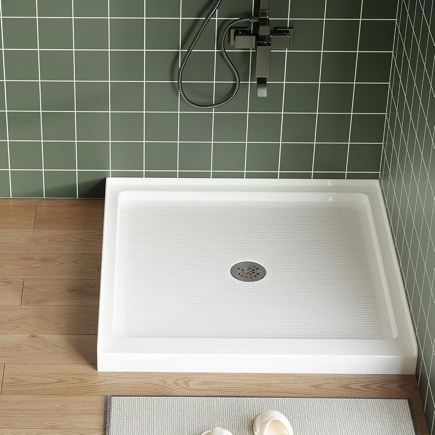 Qeetex CBDPTH-336UC7A7 36×36 inch Non-Slip Shower Pan with Center Drain Acrylic PVC Shower Base with ABS Drain Kit and Steel Cover Easy Installation 3-Side Flange for Small Bathrooms