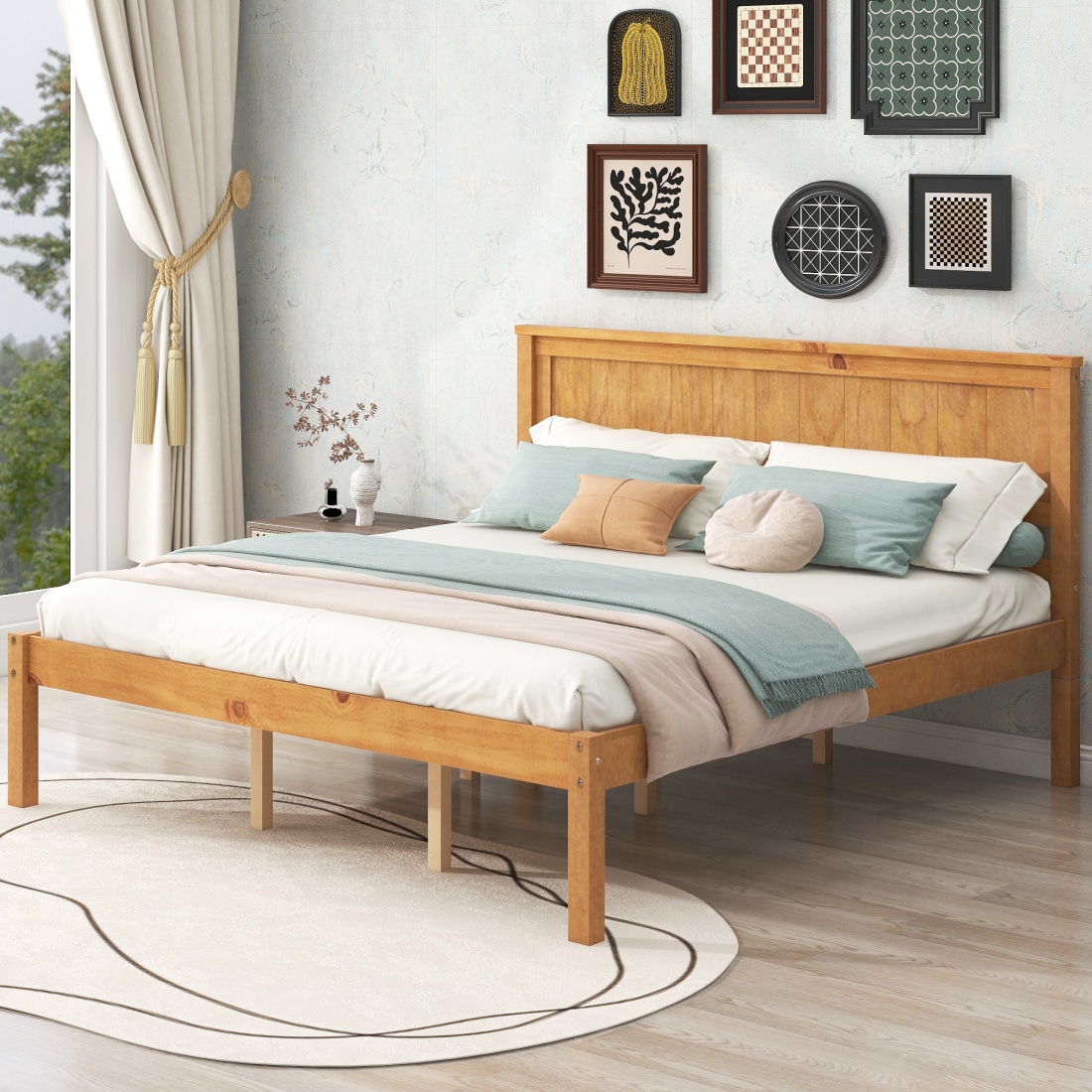 CHITA Queen Wood Platform Bed Headboard No Box Spring Wood Slats No Box ...