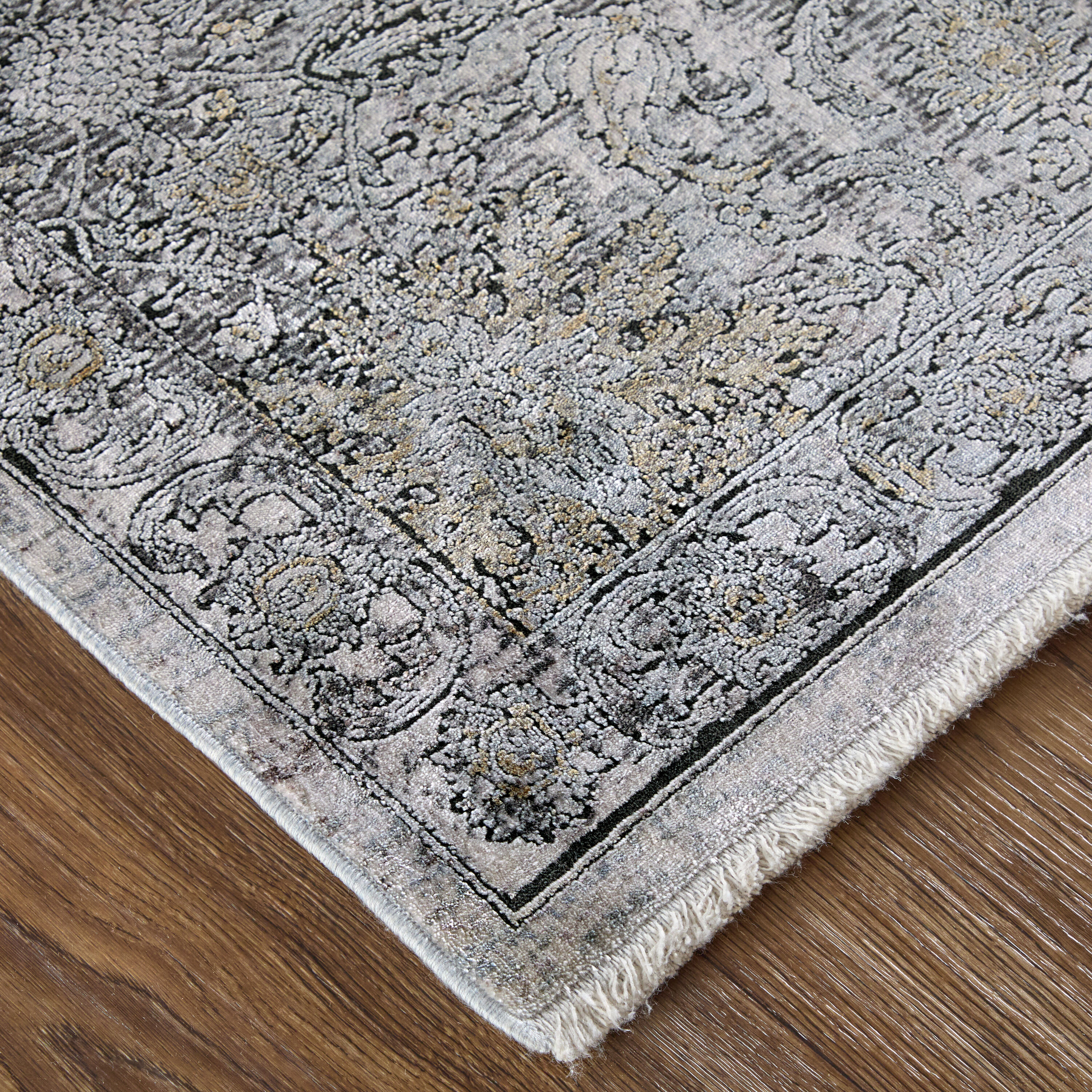 Ivory and Charcoal Rectangular Wool and Viscose Rug