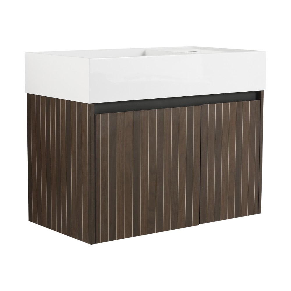 Basdien 30 in Brown Stripe Wall Mounted Bath Vanity with Resin Sink Thick Edged Modern Four Door Cabinet KD Package Required Plywood Scratch Water Resistant Melamine Finish Soft Closing Hinges Stainless Steel Includes Cabinet Sink Hardware Kit