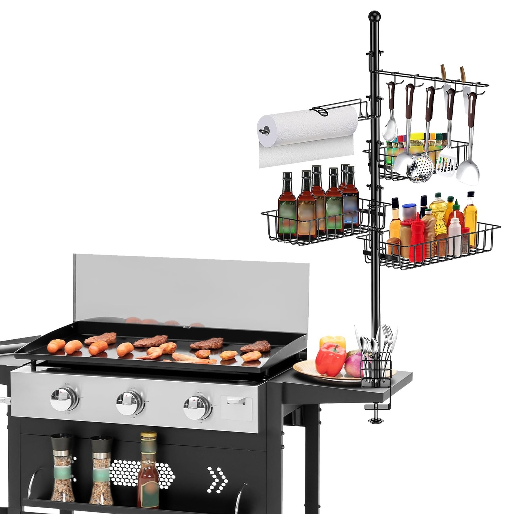 Angel Sar - BBQ Grill Caddy with Paper Towel Holder Carbon Steel Griddle Storage Rack with Basket...