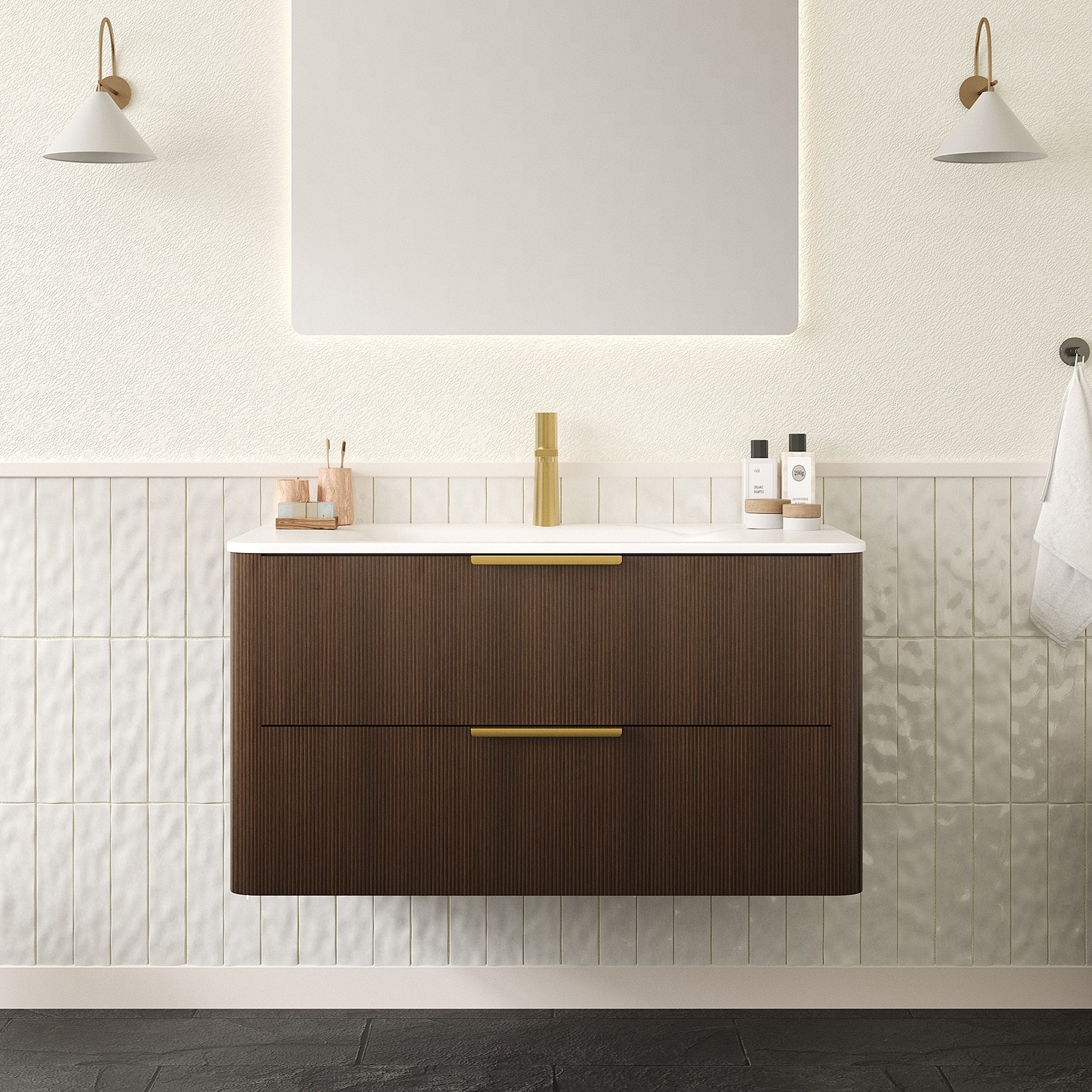 LIVACA - 36 inch Italy Walnut Woodgrain Color Floating Ultra-Pinstriped Plywood Bathroom Vanity w...