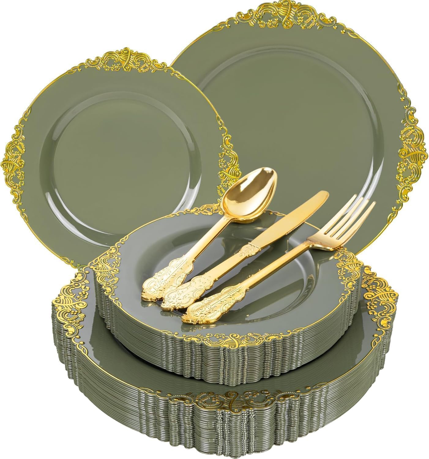 Aoibox  Olive Green Plastic Plates with Gold Silverware Set for 25 Guests 125 Piece Dinnerware for Casual Events