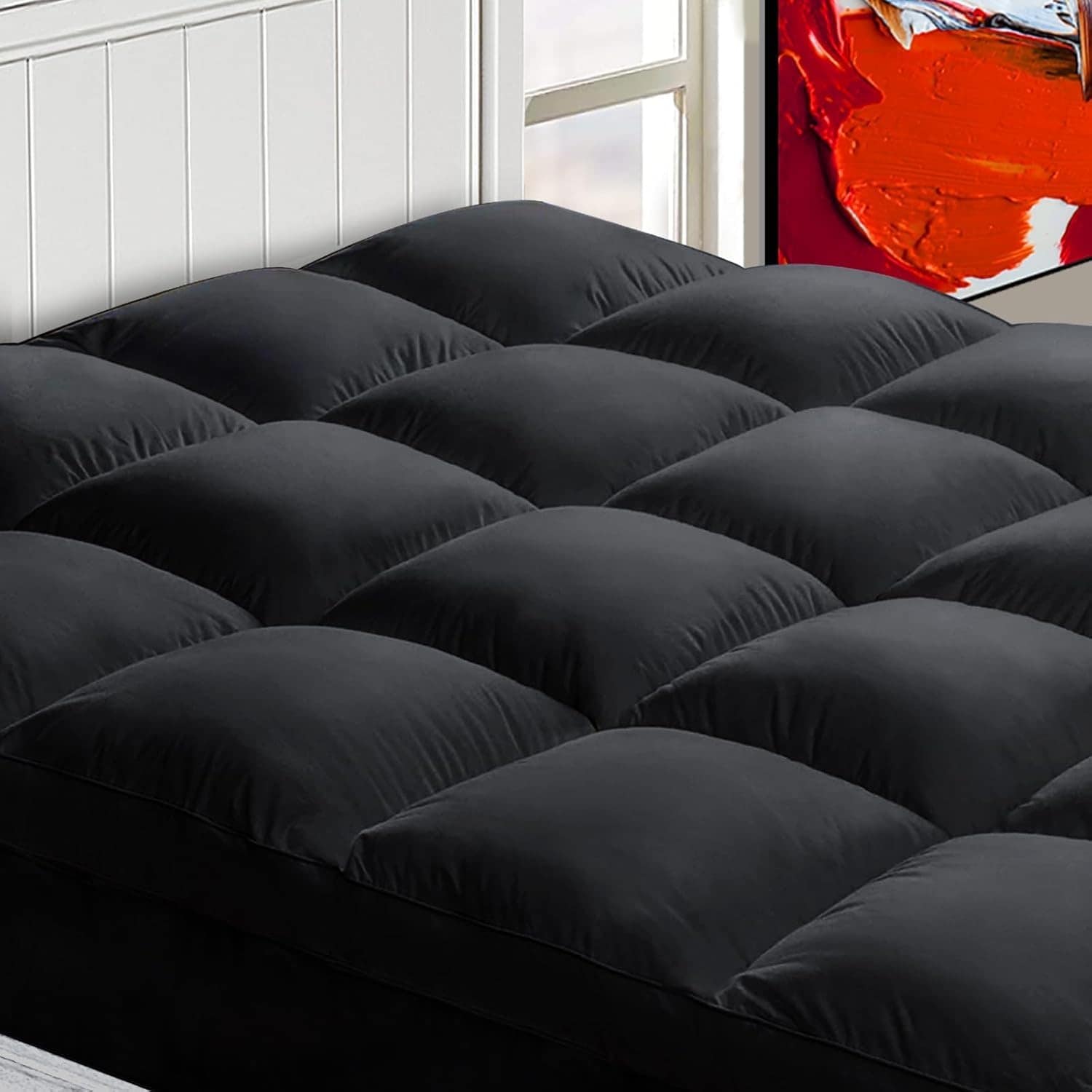 Phyfalip Queen Mattress Topper Extra Thick Plush Pillow Top Deep Pocket Fits Up to 21 Inch Breathable Soft 1500 Series Black Machine Washable #L05PF09005