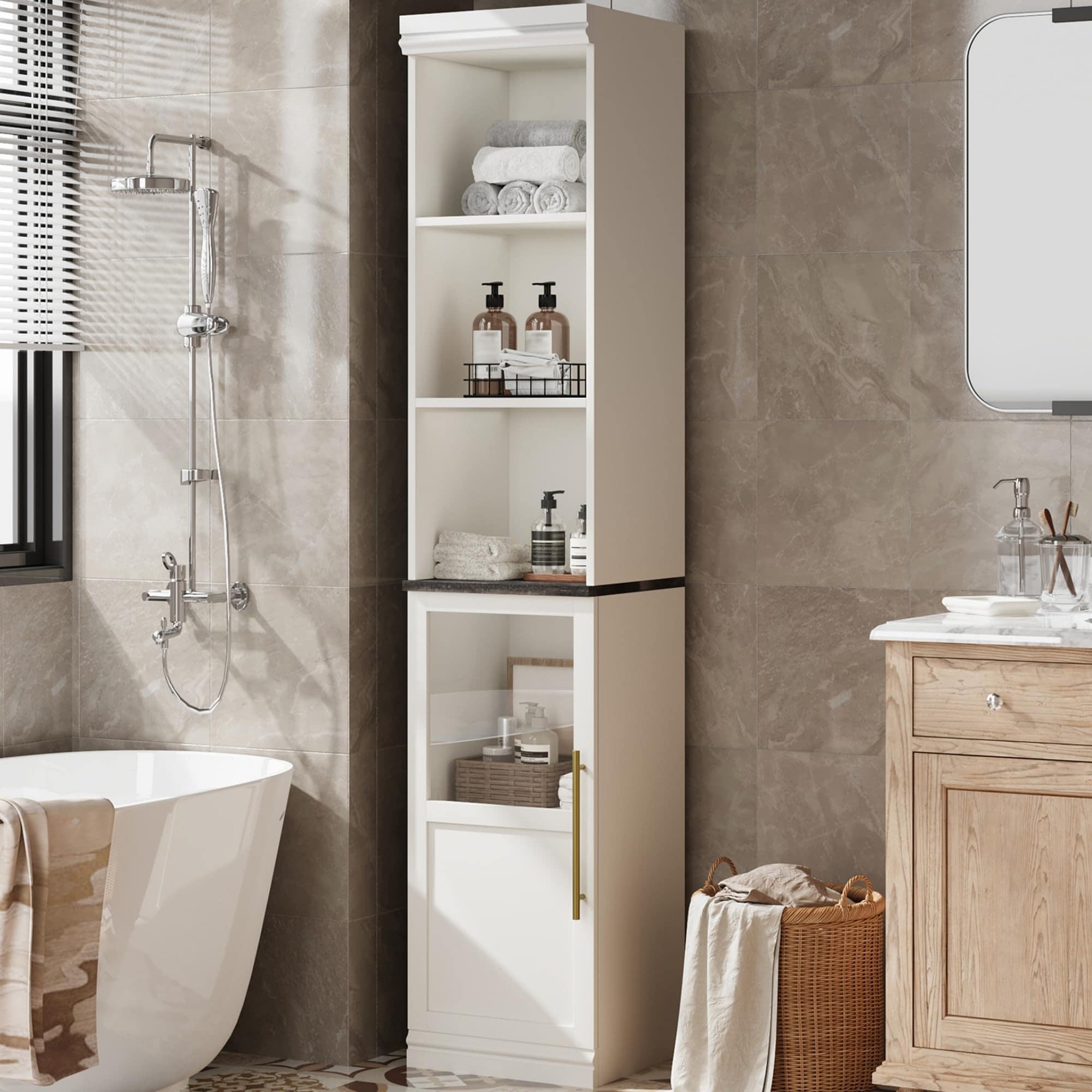 IdealHouse 70 Inch Tall Narrow Bathroom Cabinet - Slim Storage with Glass Door and 3 Open Shelves - Farmhouse Freestanding Cupboard for Kitchen Laundry Bathroom (White)