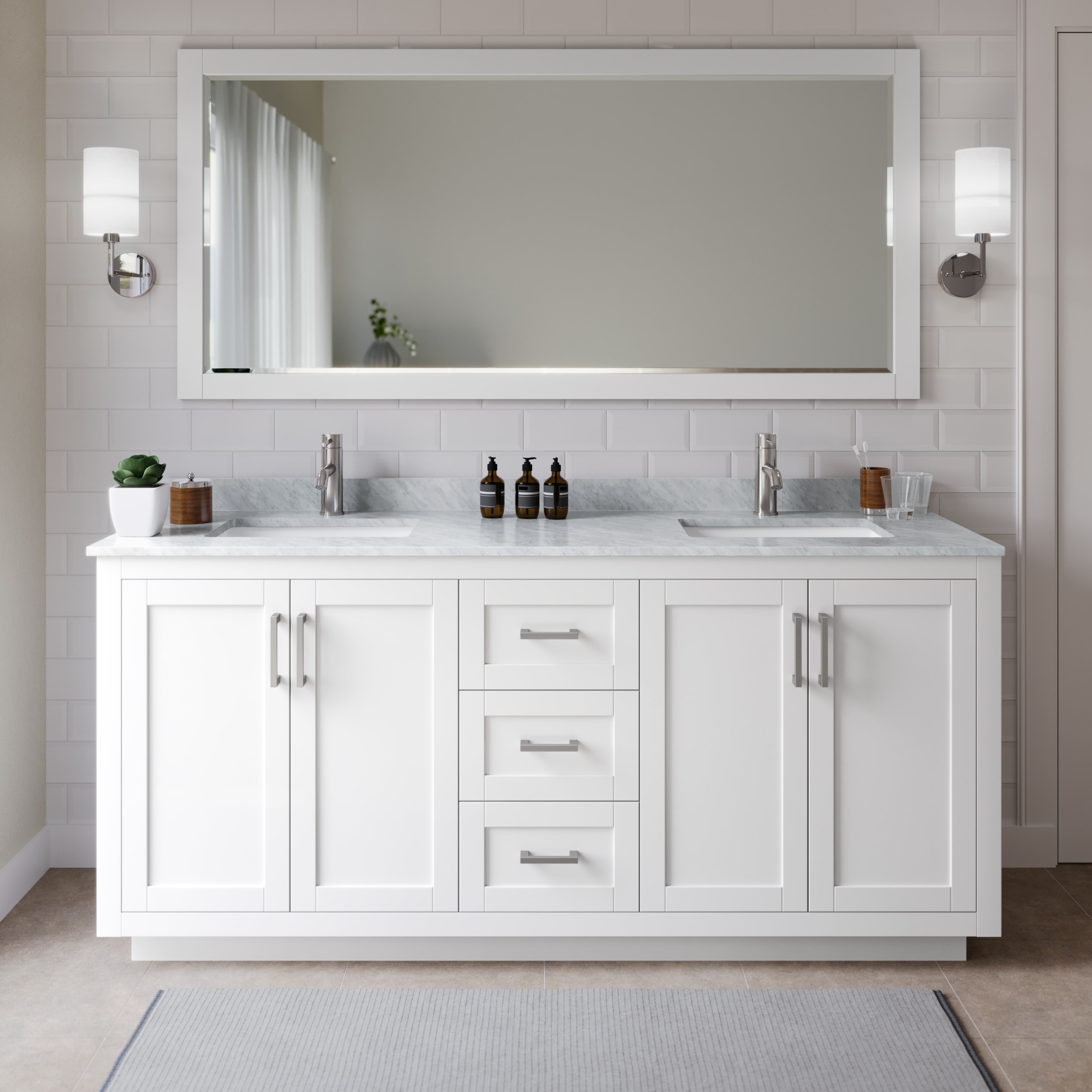 Wyndham Collection Miranda 72-in White with Brushed Nickel Trim Undermount Double Sink Bathroom Vanity with White Carrara Marble Marble Top