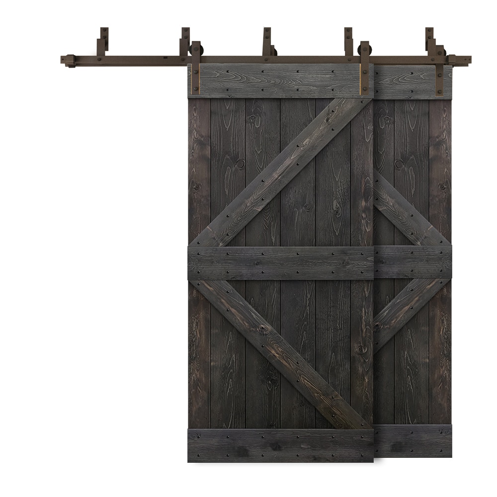 CALHOME 6XBP+S96+(2)K40DT 80-in x 84-in Charcoal Black Knotty pine Wood Solid core Double Bypass Barn Door (Hardware Included)