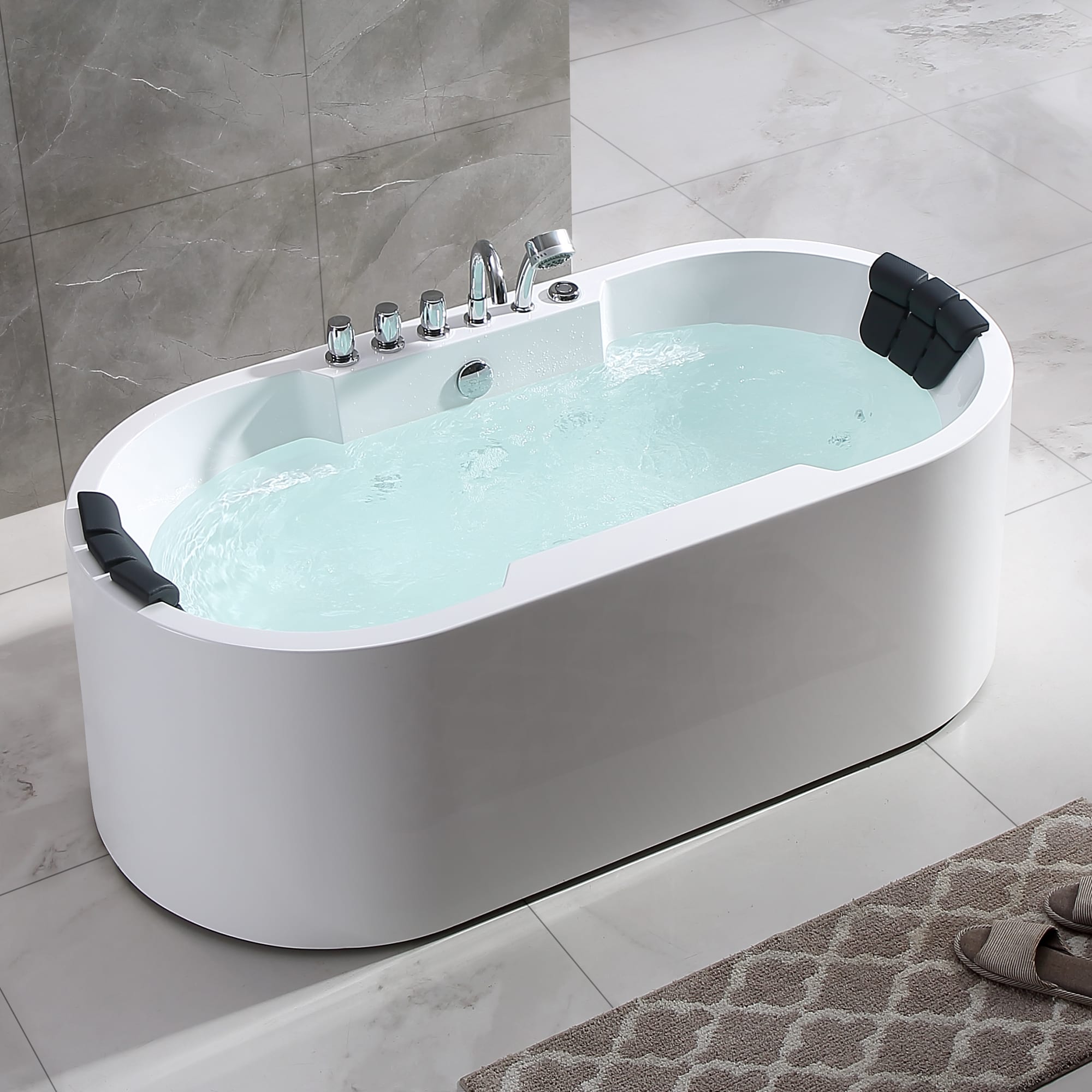 Empava Modern 34.2-in x 67-in White Acrylic Oval Freestanding Whirlpool Tub  with Faucet, Hand Shower and Drain (Center Drain) at
