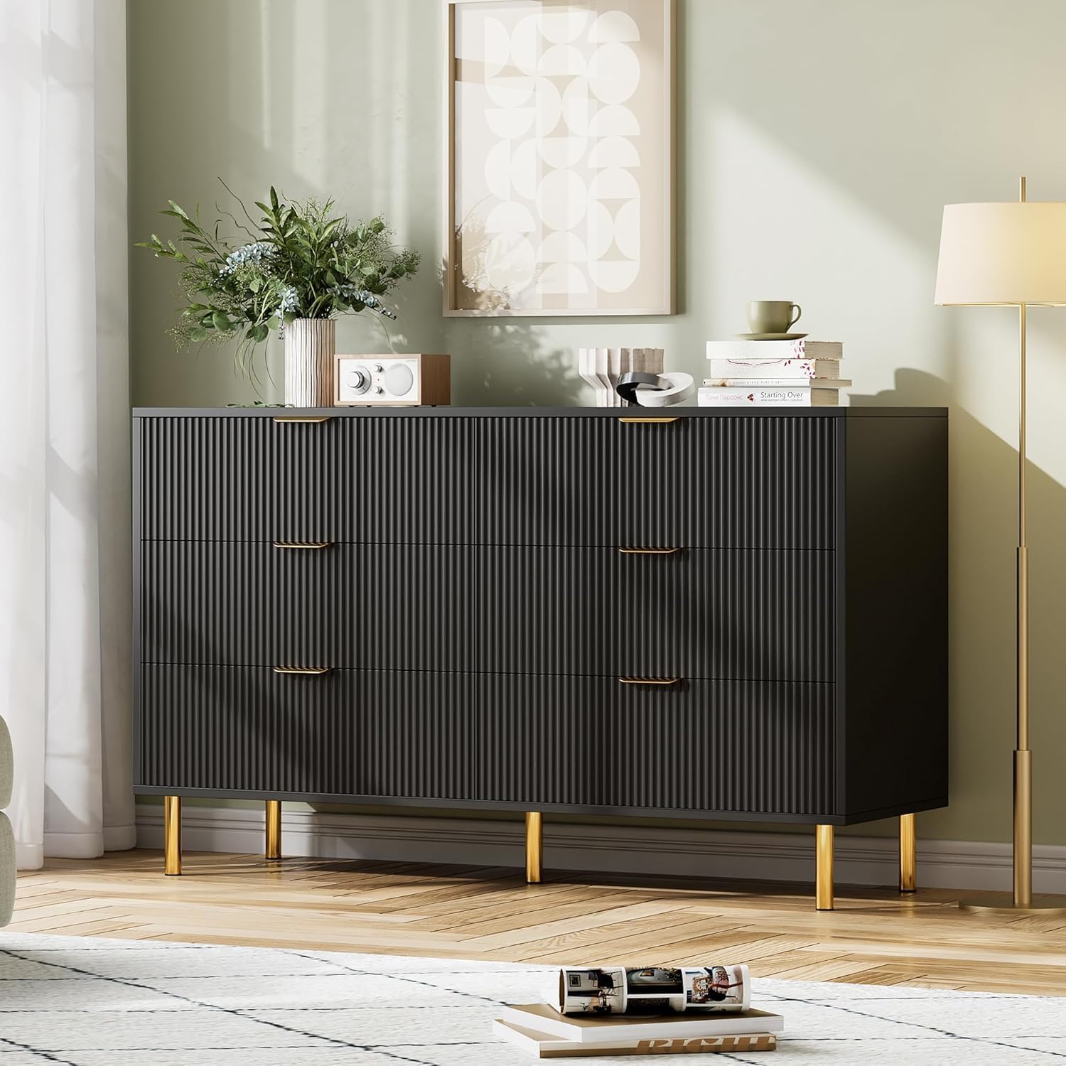 Qeetex LHF-DG-PHO-16P2R2GB 6 Drawer Dresser for Bedroom - Large Chest of Drawers - Modern Wood Storage Dresser Organizer with Gold Metal Handles and Anti-Tipping Device for Hallway/Entryway - Black