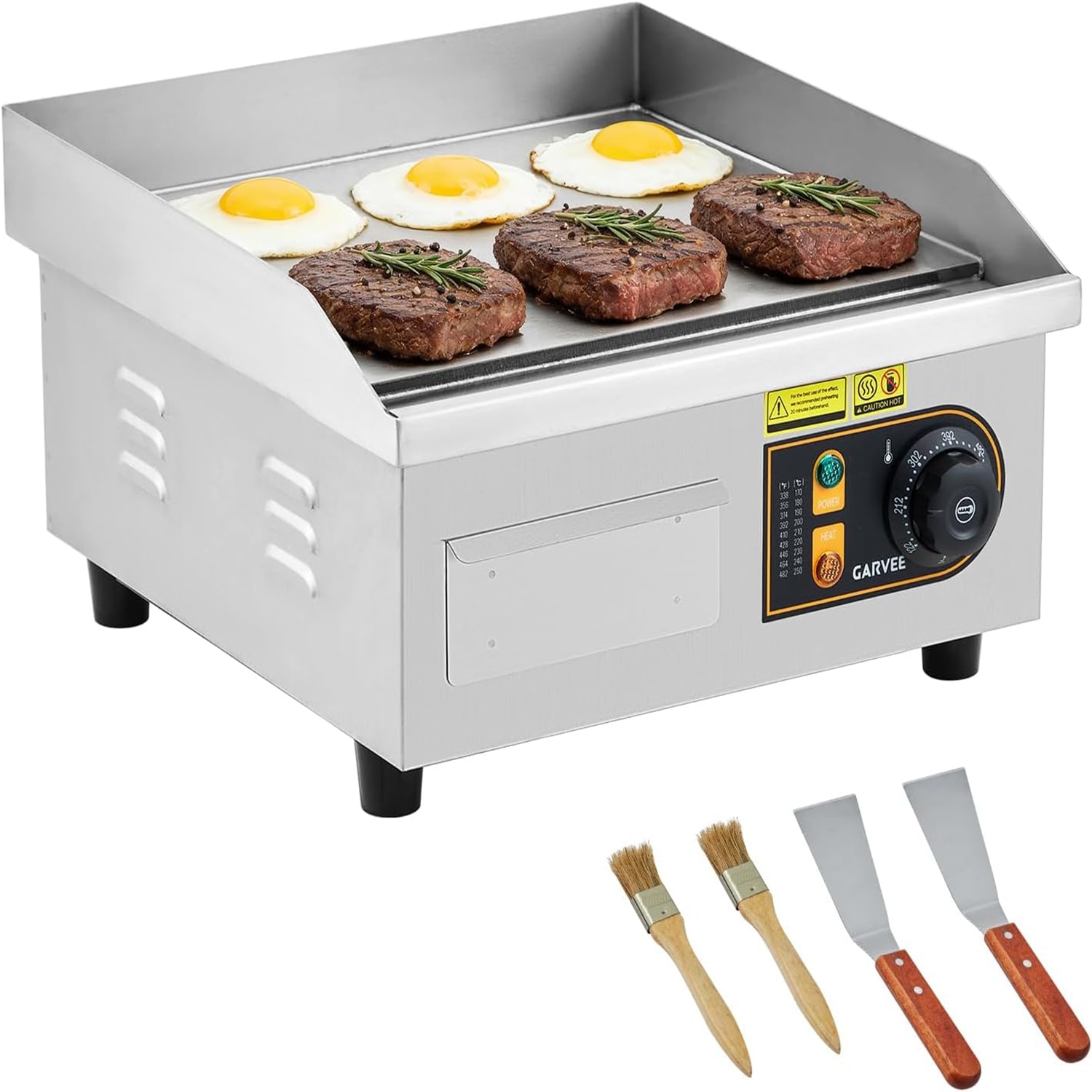 Garvee Commercial Electric Griddle 14Inch Non-Stick Stainless Steel Flat Top 1700W Adjustable Includes 2 Shovels and 2 Brushes for Home and Outdoor Cooking #HQ-9-K3-6YPH-FR7W