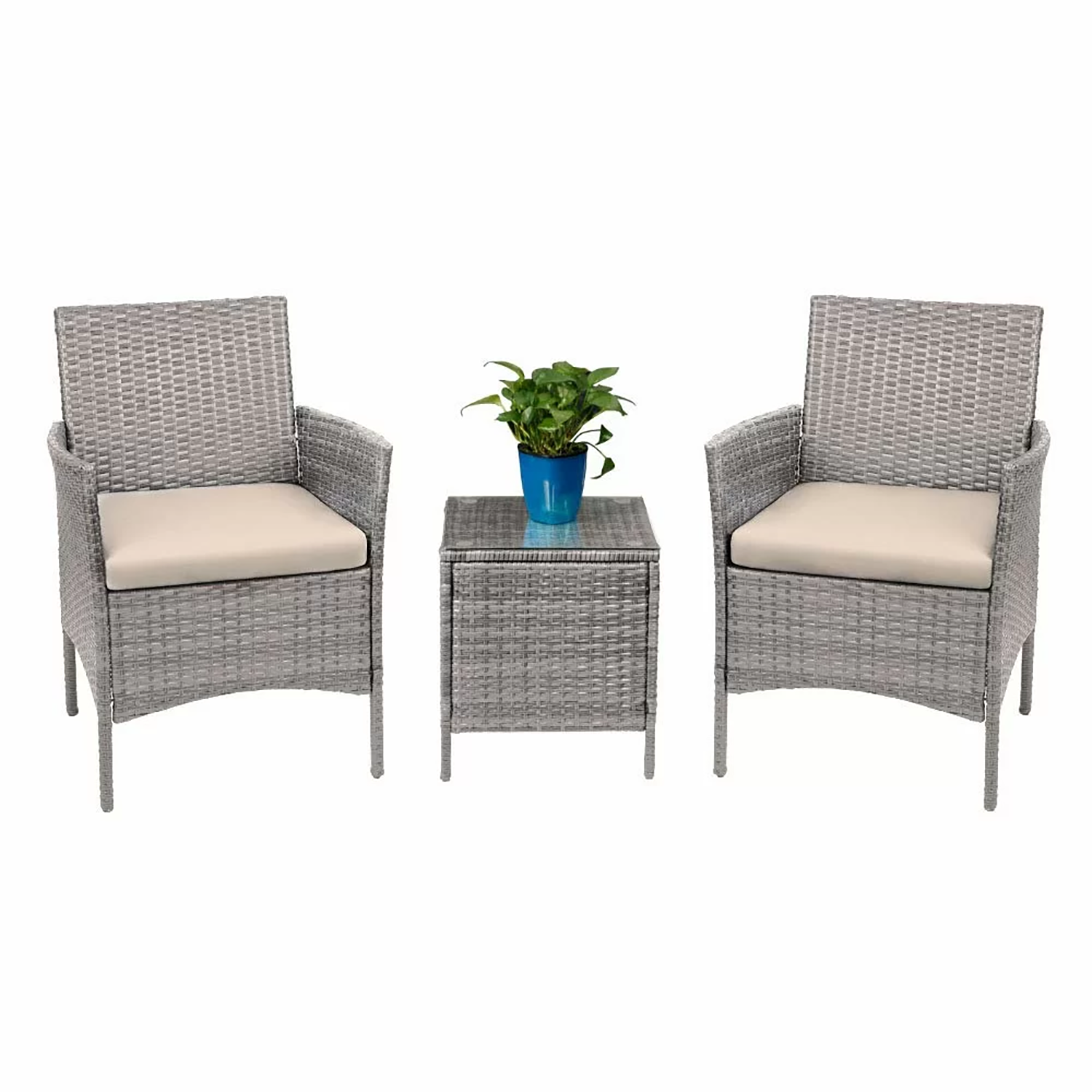 Vineego LS-XHGYBG 3 -Piece Wicker Patio Conversation Set with Off-white Cushions