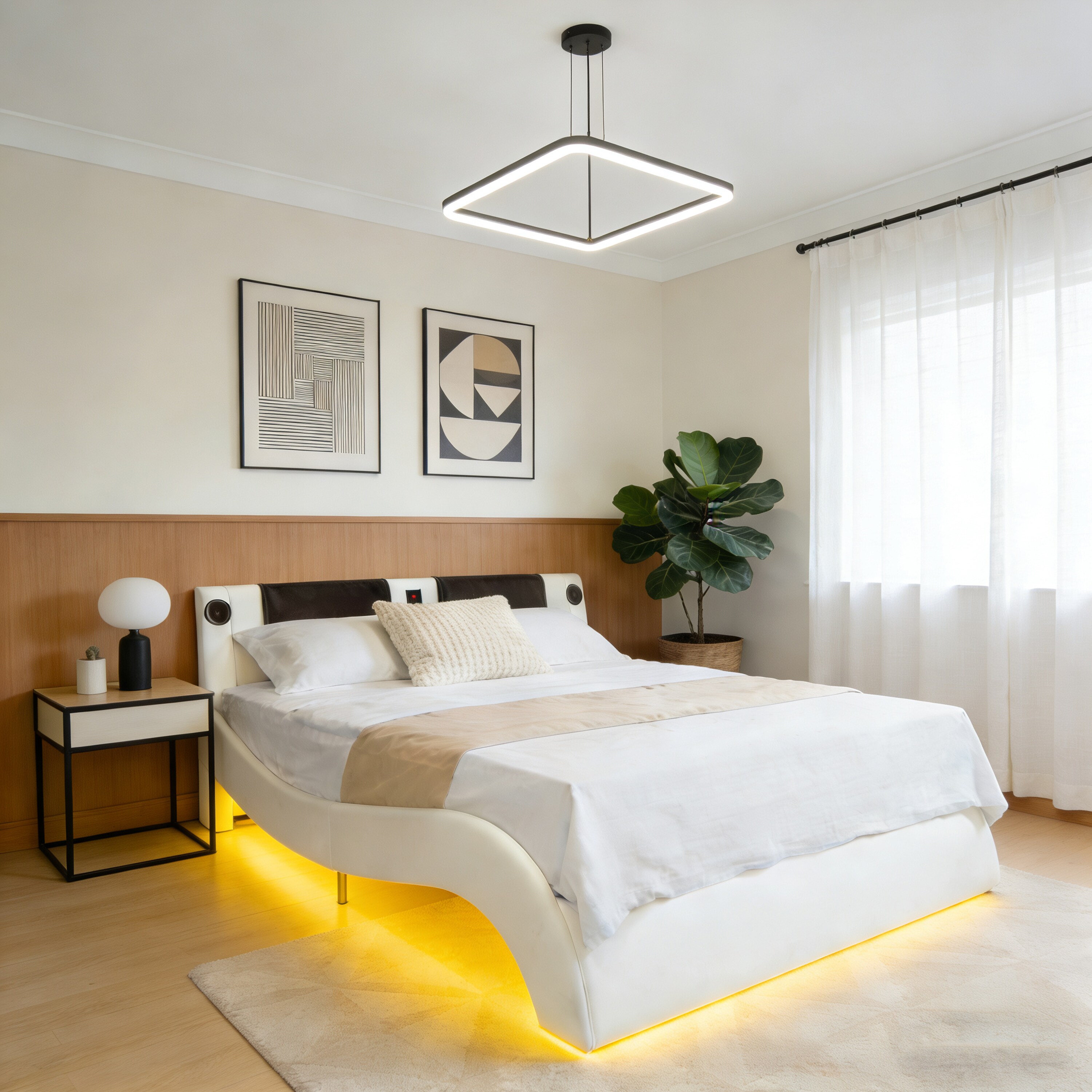 LUXEYARD Faux Leather Upholstered Platform Bed Frame with led lighting ...