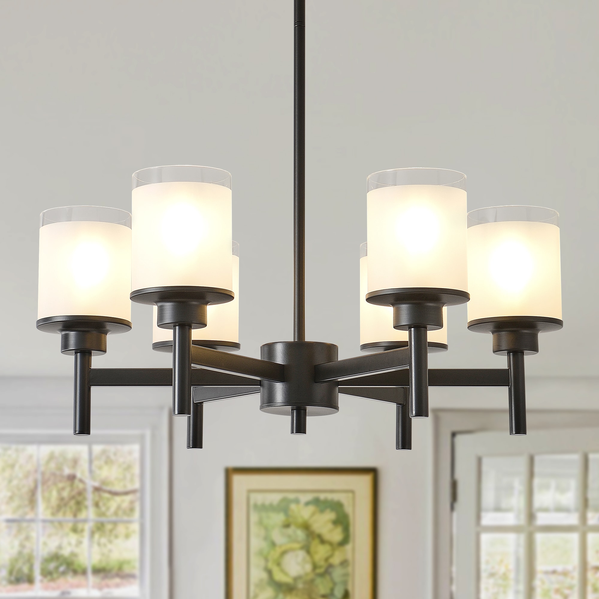 Tinyhomie 6 Light Frosted Glass Farmhouse Chandelier Black Metal Chandeliers Light Fixtures Industrial for High Ceiling Living Dining Room Foyer Adjustable Height E26 NO Included Bulb