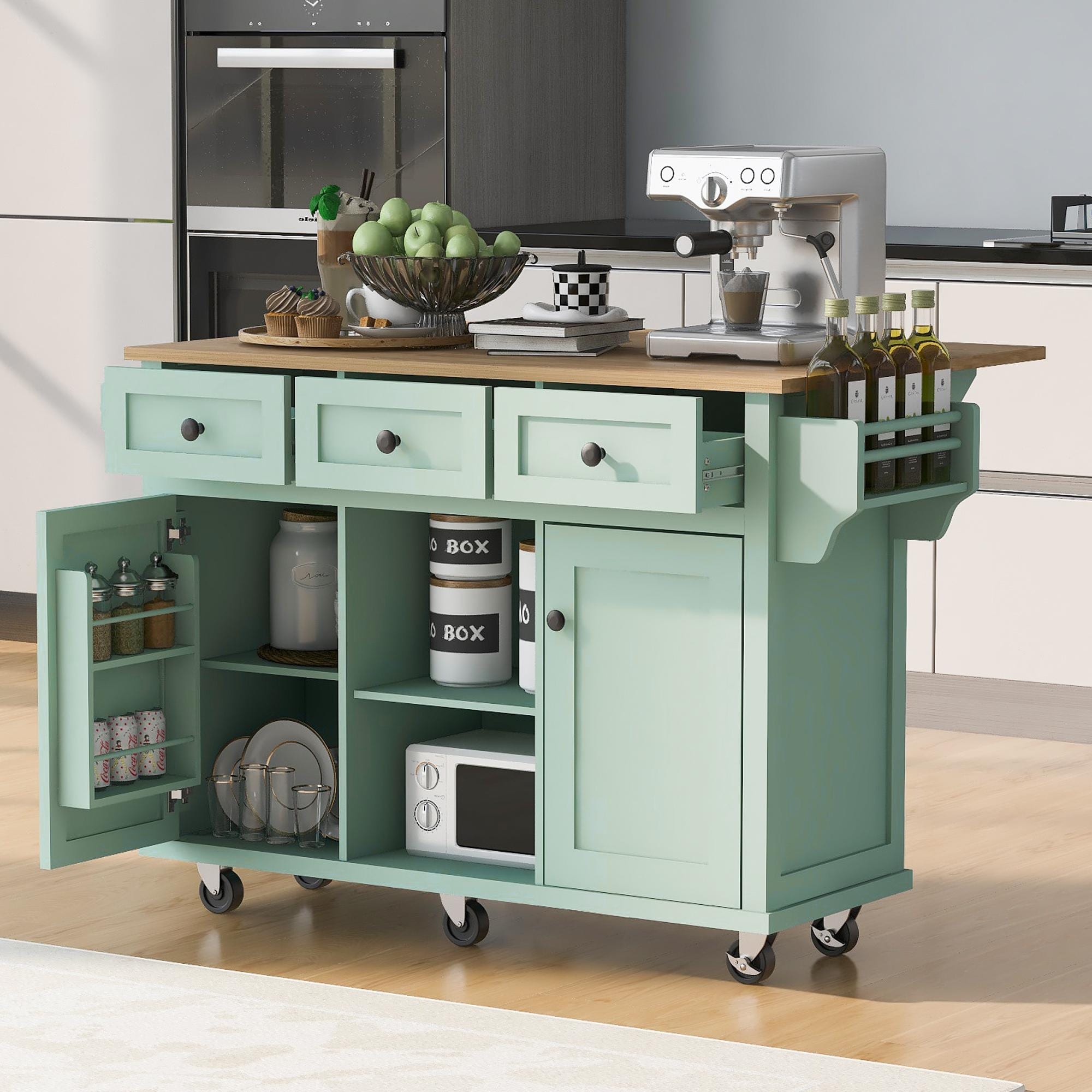 Bayfeve BF-298028E-IN Green MDF Base with Wood Wood Top Rolling Kitchen Island ( 29.5-in x 53.1-in x 37.2-in )