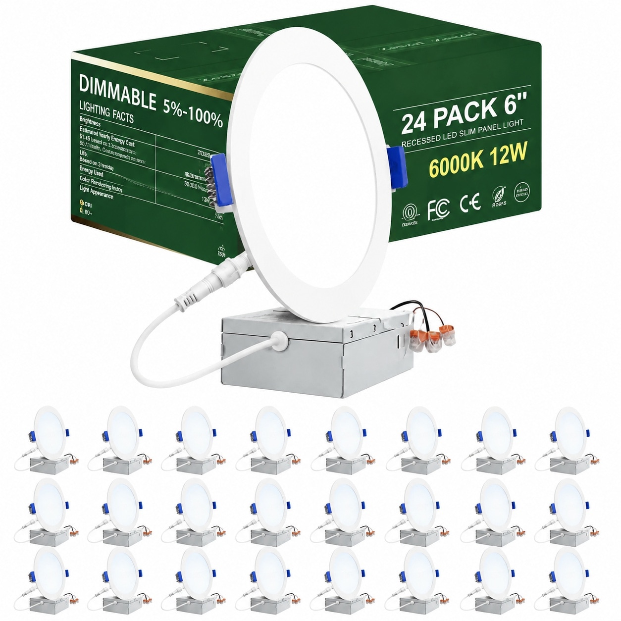 Aoibox  24 Pack 6 Inch Canless LED Recessed Ceiling Light 6000K Daylight 12W 1080 Lumens Dimmable ETL Certified