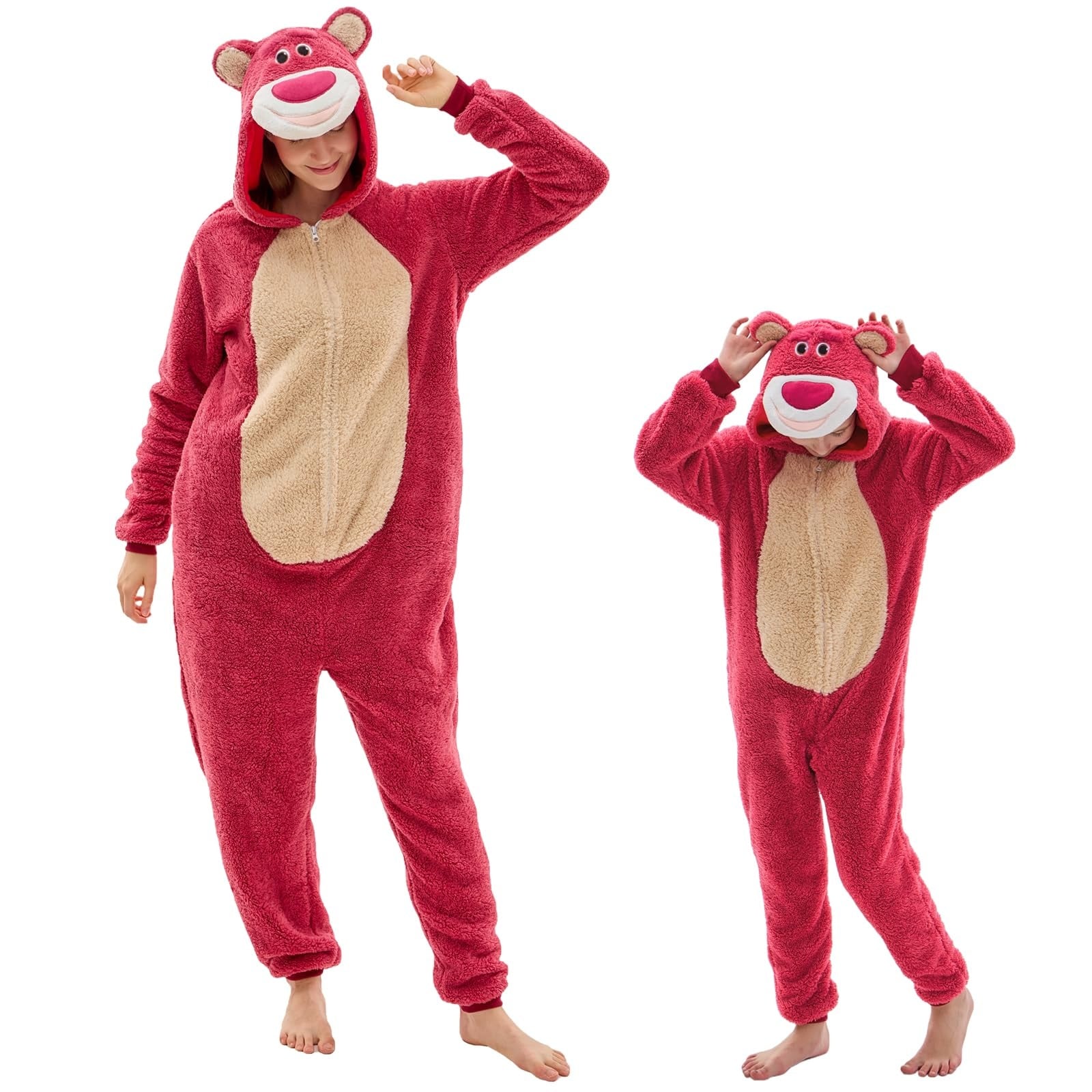 Afoxsos Adult Onesie Pajamas Sherpa Fleece Animal Costume Unisex Rose Bear Design with Pockets Cozy One Piece for Women Men Halloween Christmas