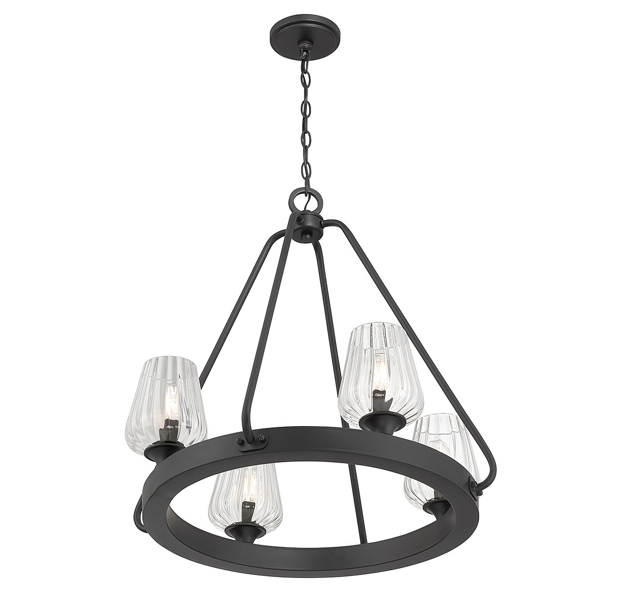 Carlton Matte Black 4-Light Chandelier with Ribbed Glass Shades
