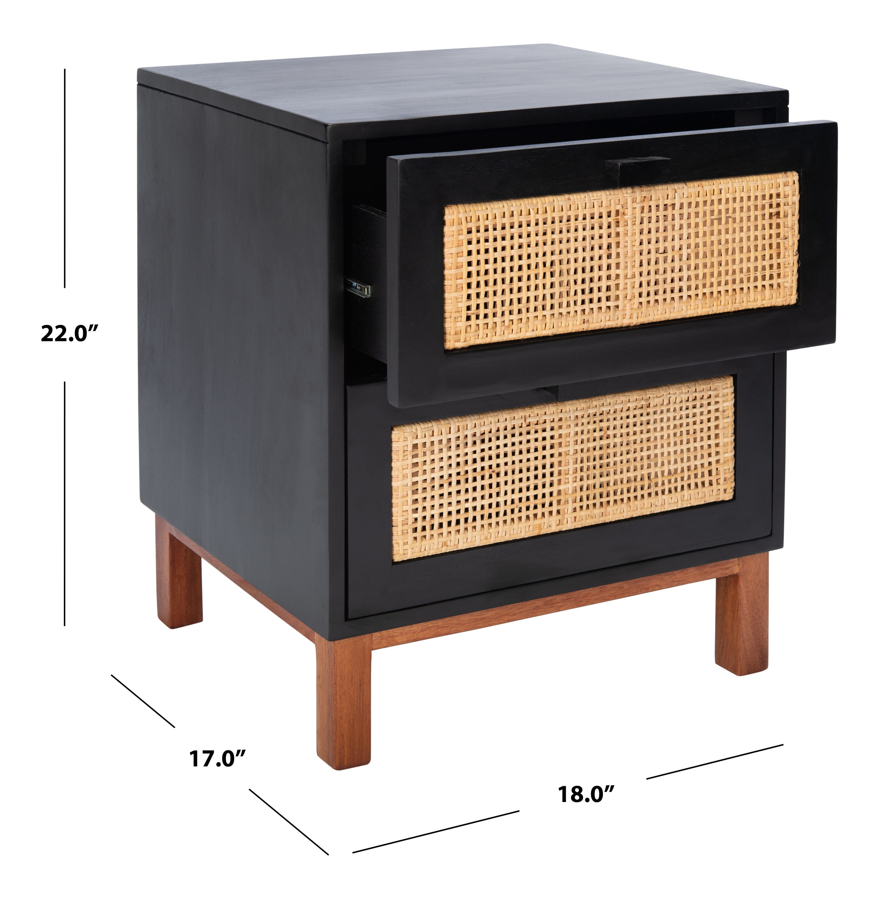Erica Coastal Black Wood with Natural Rattan 2-Drawer Nightstand