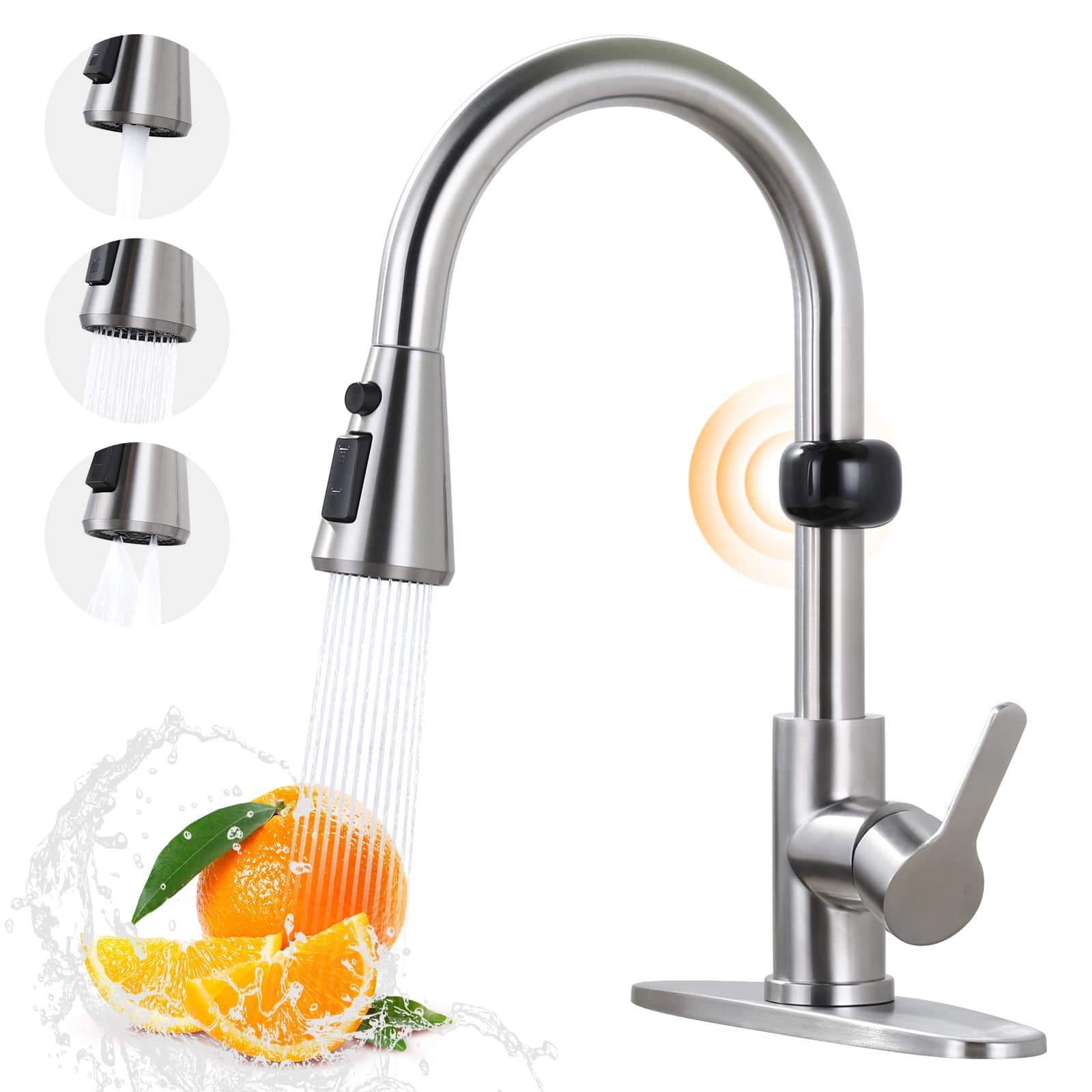 ALEASHA 15.3-in H Touchless 3-Mode Single Handle Pull-Down Kitchen Faucet with 360-Degree Swivel Spout in Brushed Nickel