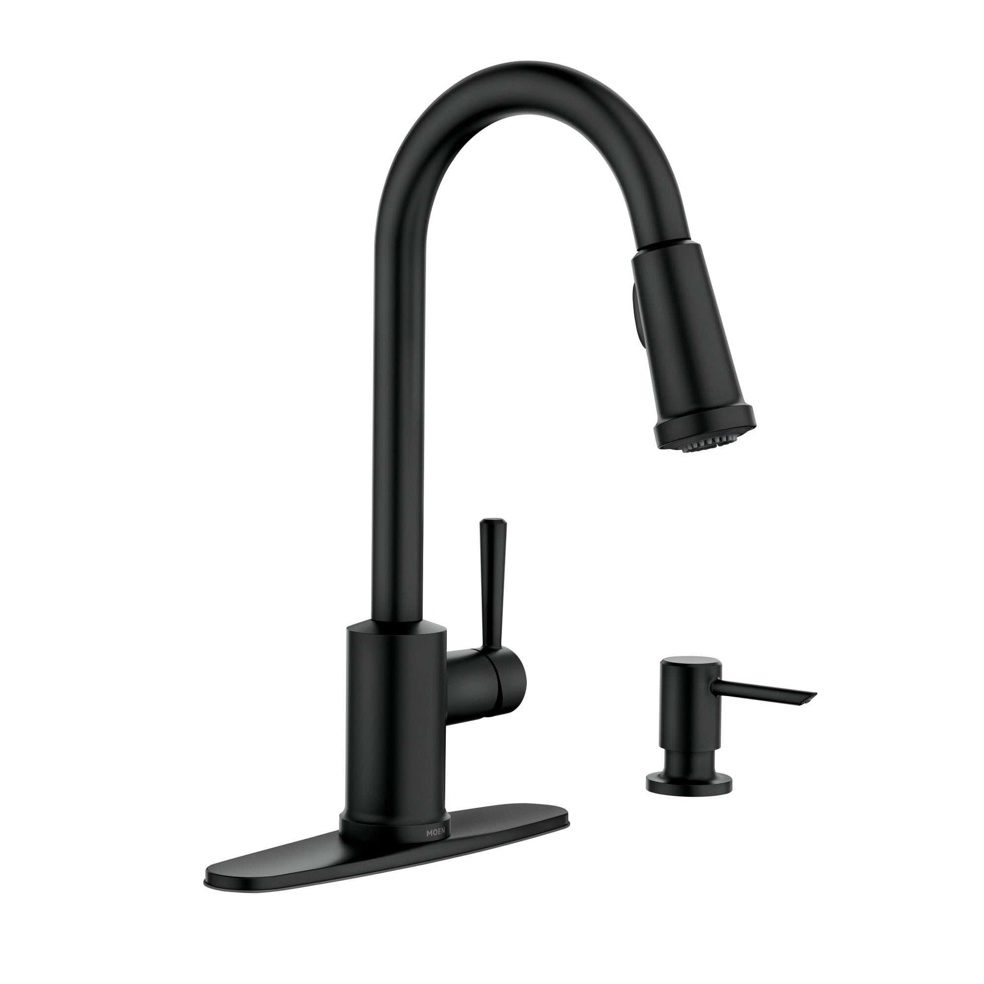 Moen 87090BL Matte Black Single Handle Deck-mount Pull-out Kitchen Faucet with Sprayer (Includes Deck Plate) (Includes Soap Dispenser)