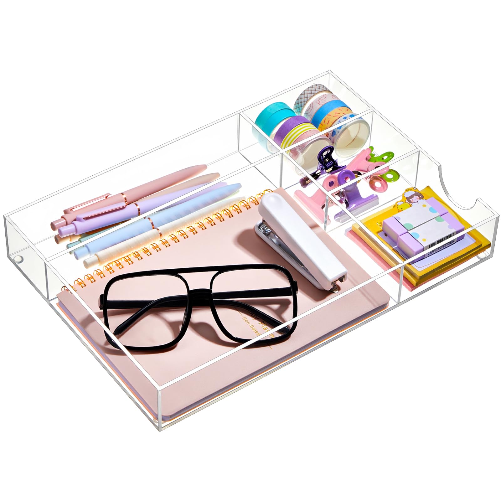 KIWDZFU  Acrylic Desk Drawer Organizer 12.2 x 8.27 x 1.77 Inch Storage Tray with Five Compartments Clear for Pens Stationery Office Bathroom