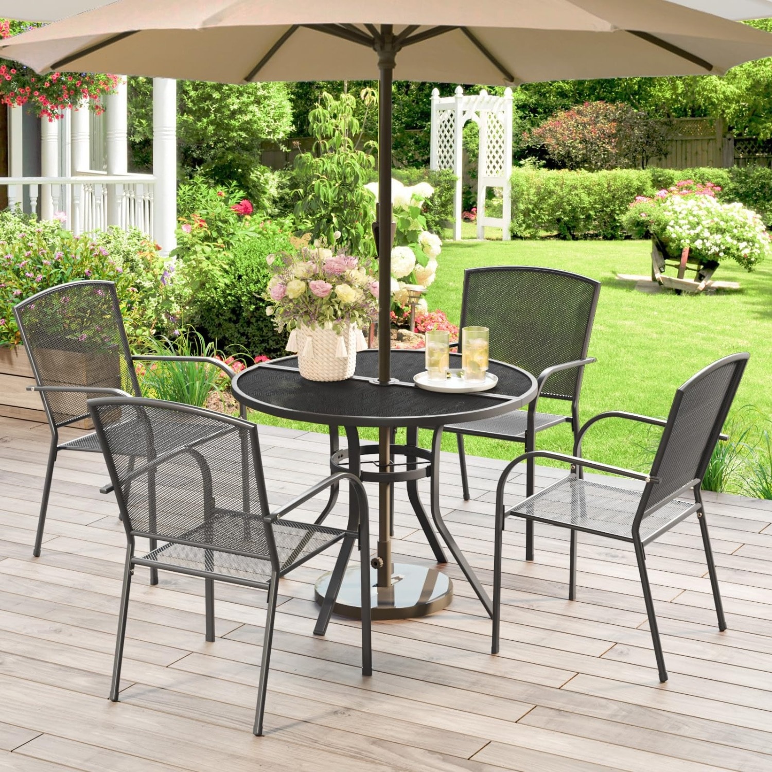 AECOJOY 19034GR-LS01 5 -Piece Black Patio Dining Set Steel Round Table with 4 Black Stackable Stationary Chairs