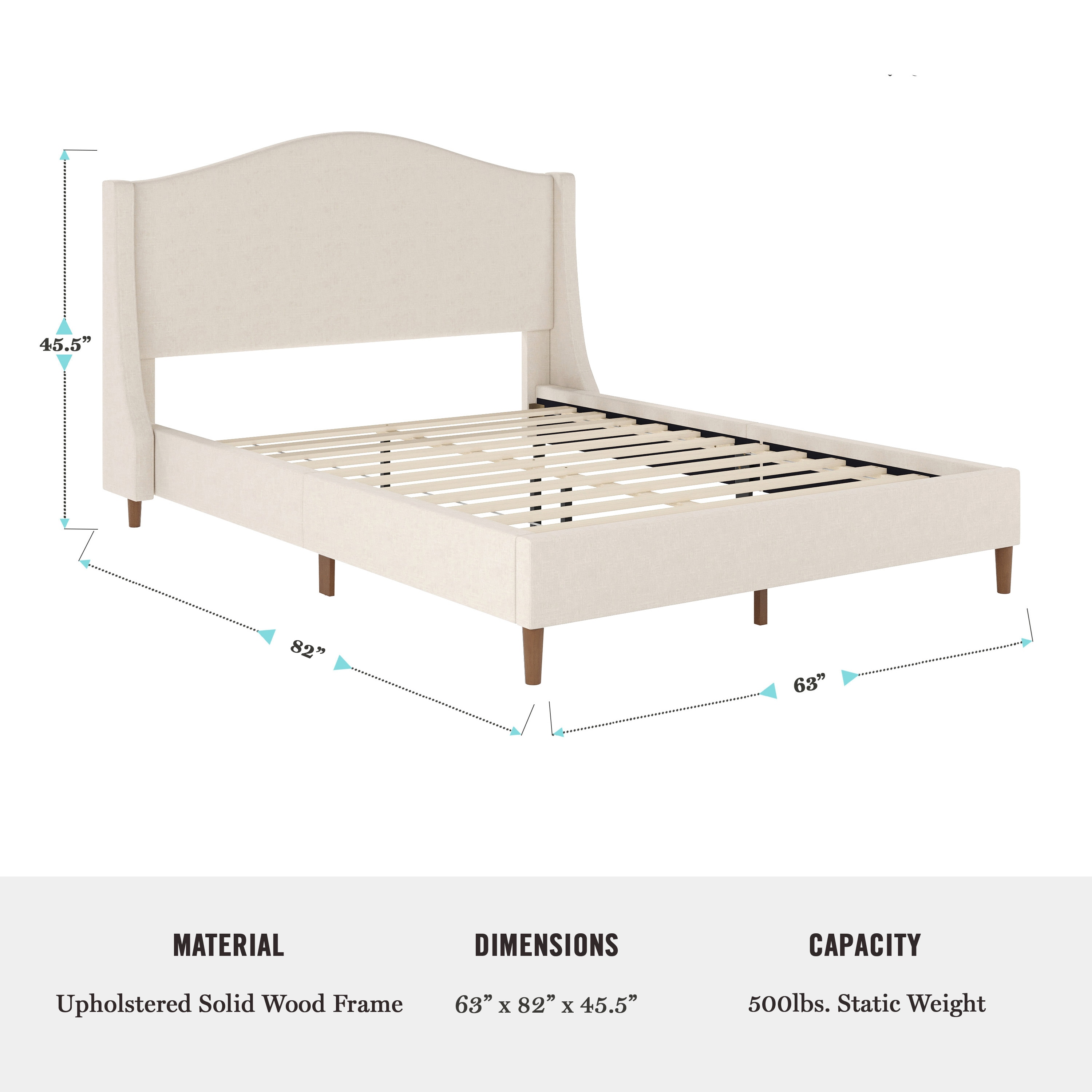 Full Beige Linen Upholstered Platform Bed with Walnut Legs