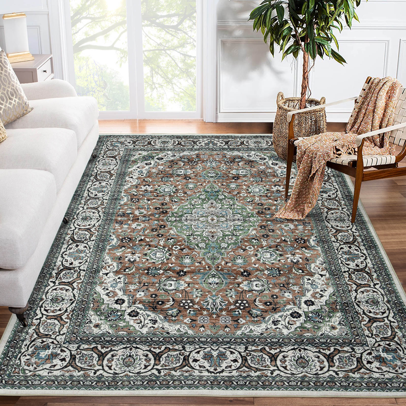 Garvee YXY-LO-PHO-0YNIEY8Z 5 x 7 (ft) Loomed Polyester Green/Brown Rectangular Indoor Tribal Persian Machine washable Area rug