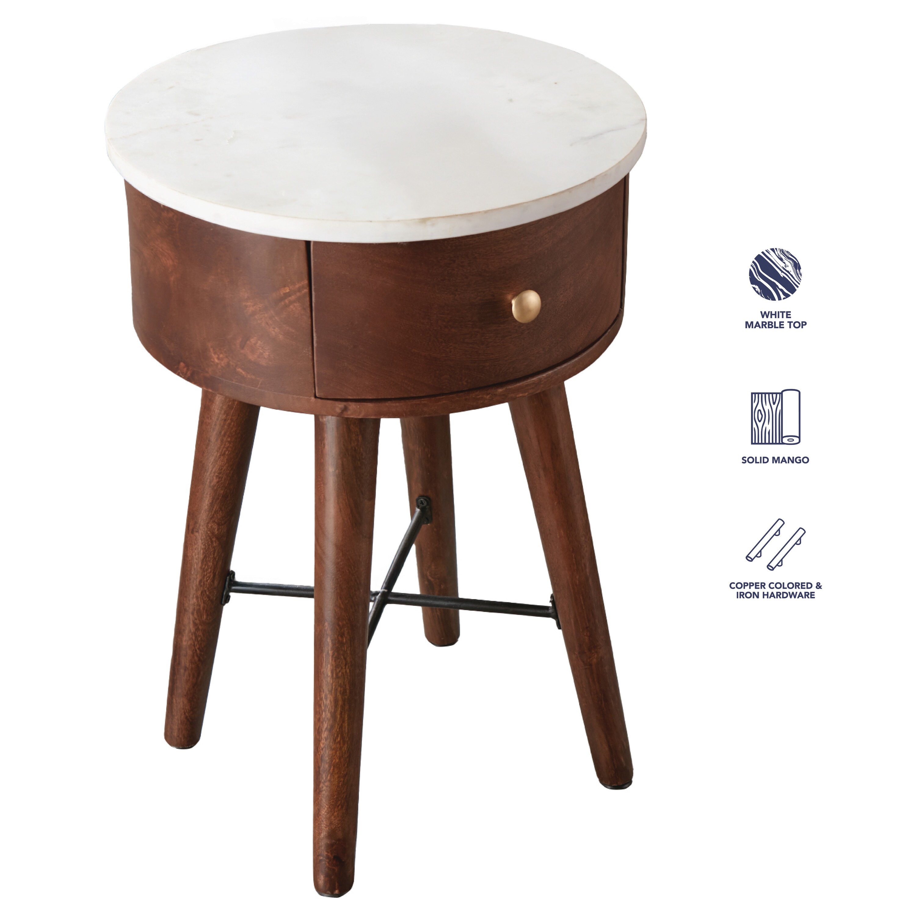 Bangalore 16" Brown Wood and White Marble Round End Table with Storage