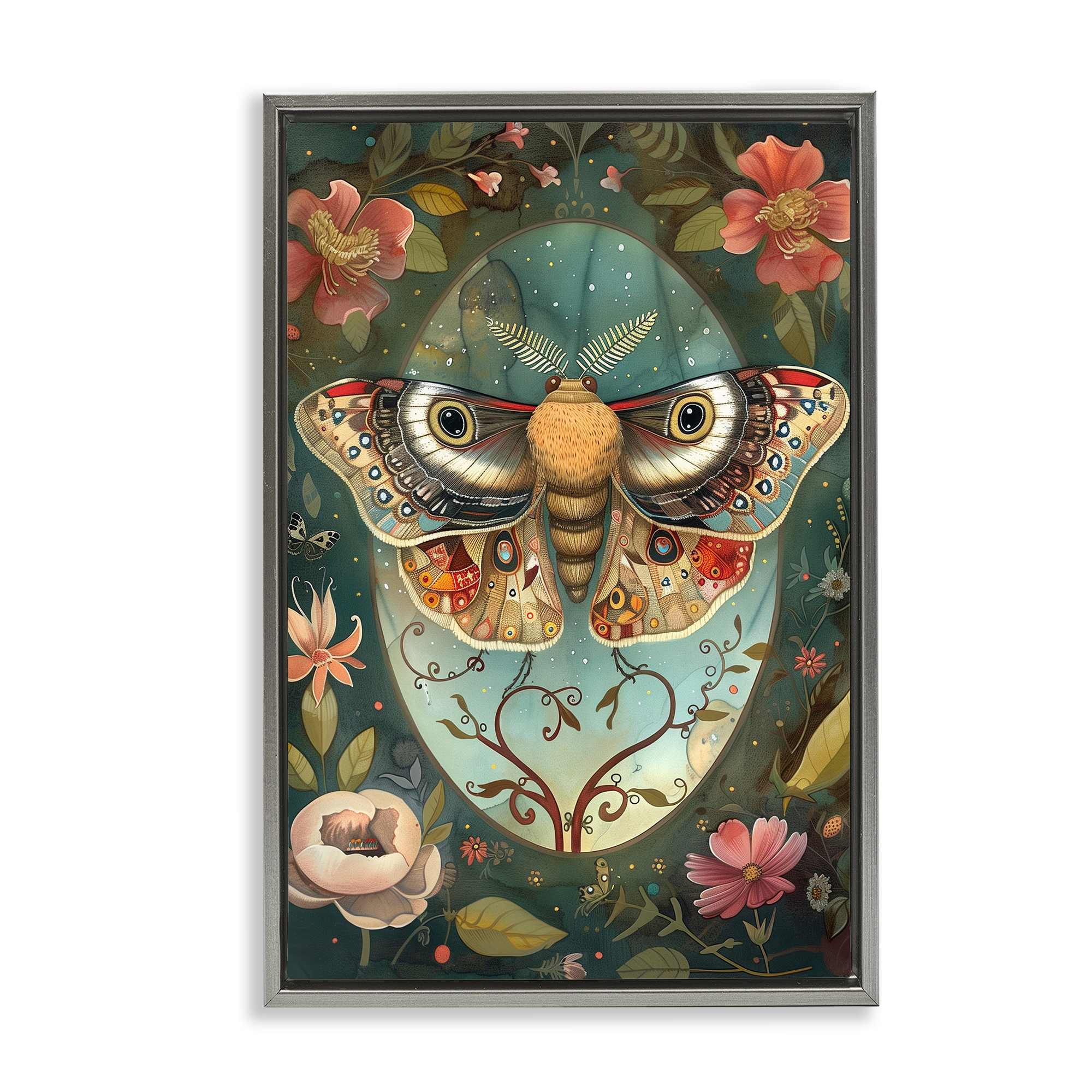 Stupell Industries BT-882-FFL-20X30 Ornate Botanicals and Moth Gray Framed Floater Canvas Wall Art By The Dutch Lady 21 x 31