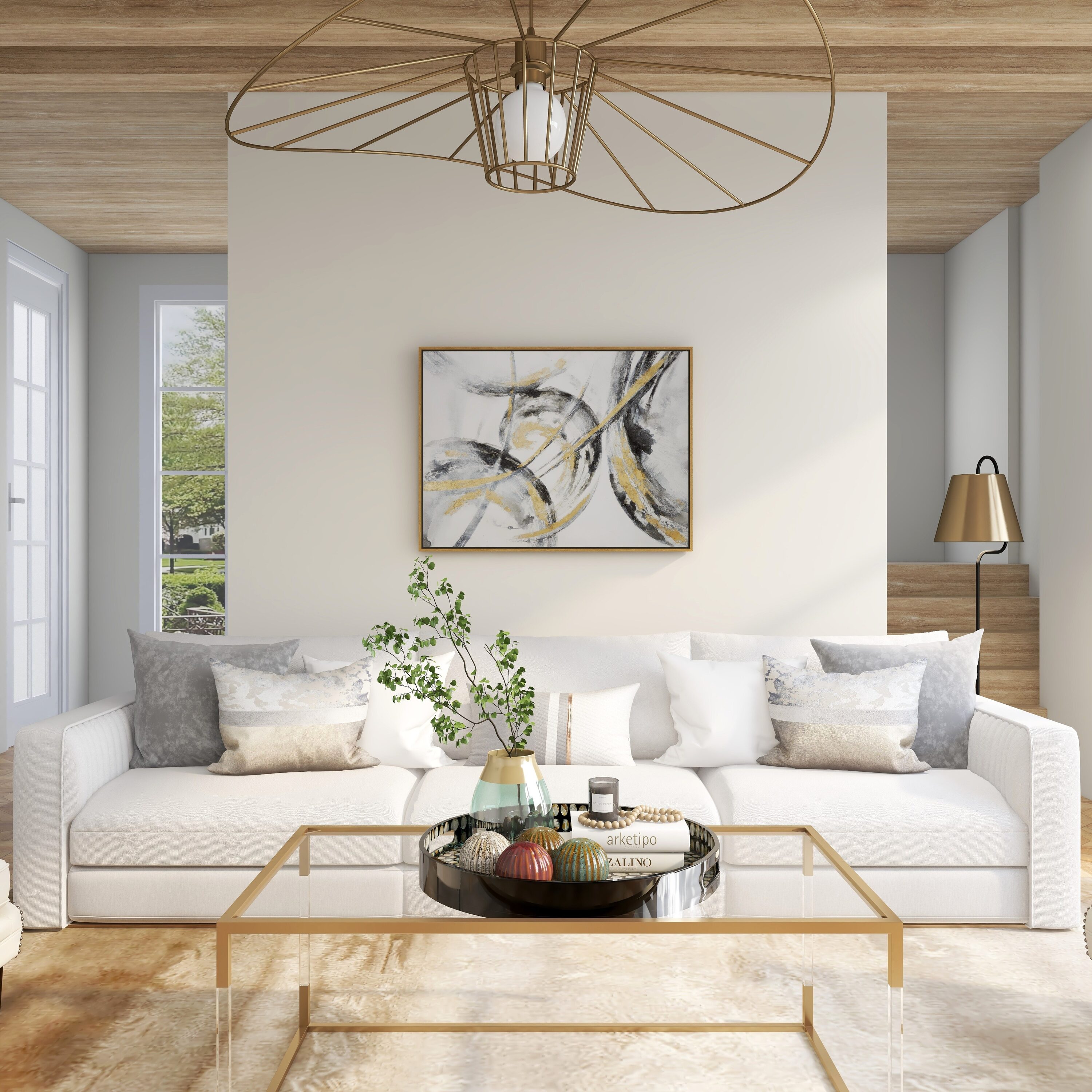 Gold and Gray Abstract Canvas Wall Art with Fir Wood Frame